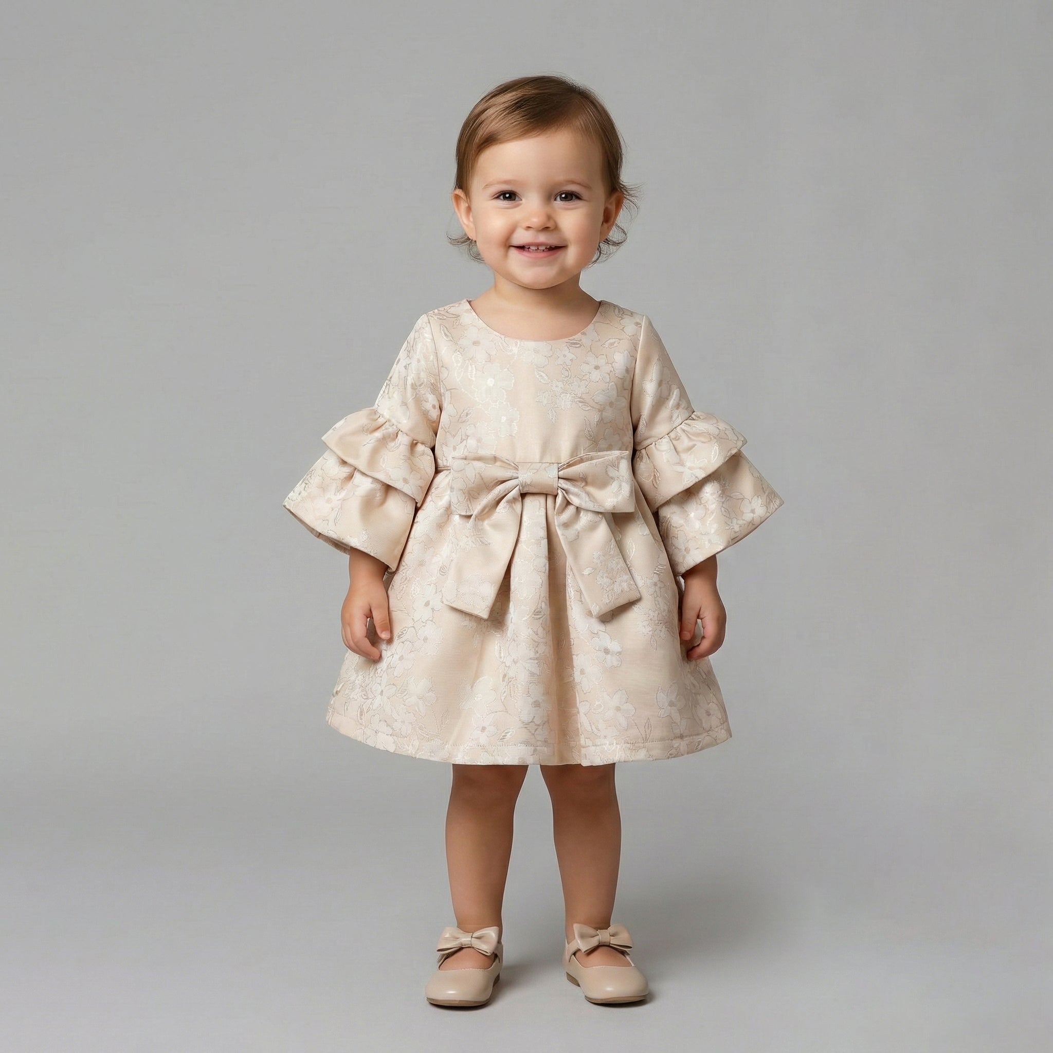 Girls' Lydia Champagne Floral Jacquard Dress with Tiered Ruffle Sleeves