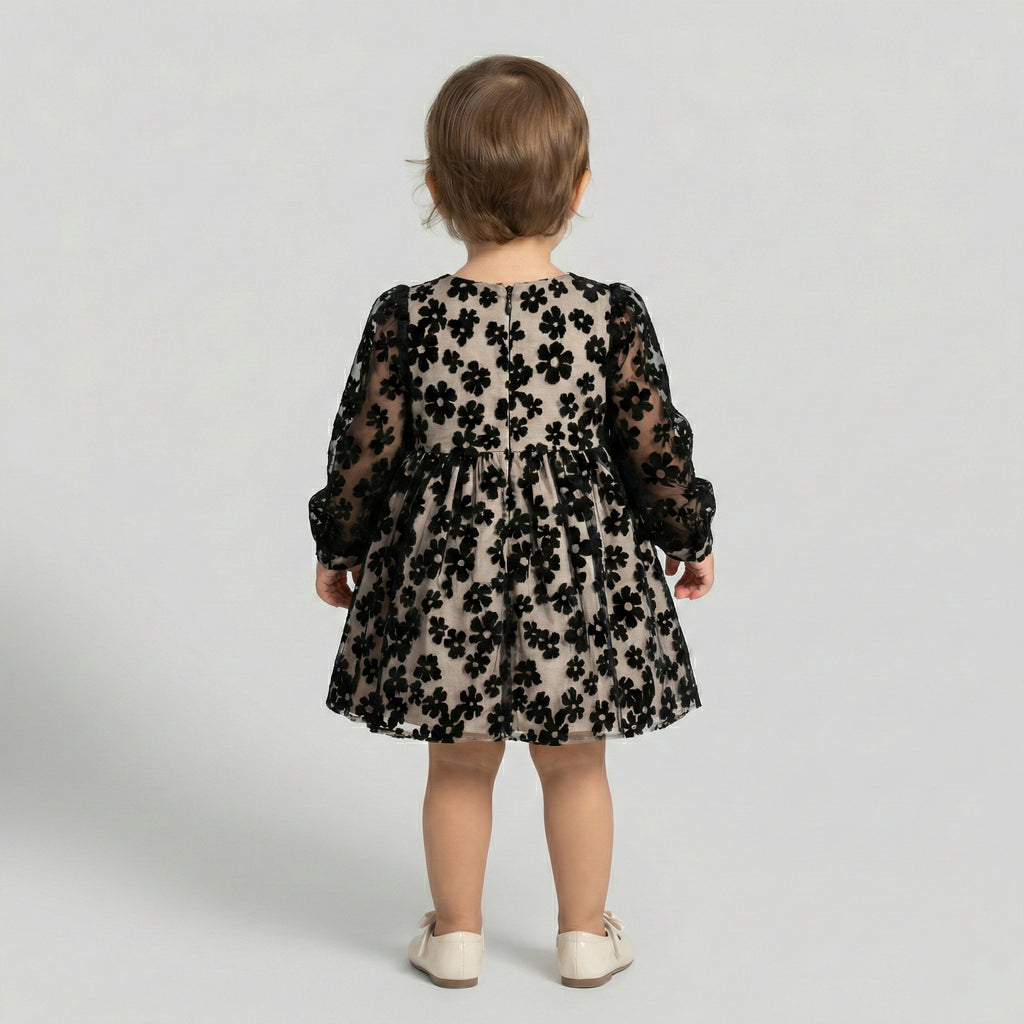 Baby & Toddler Floral Flocked Mesh Dress with Oversized Rosette