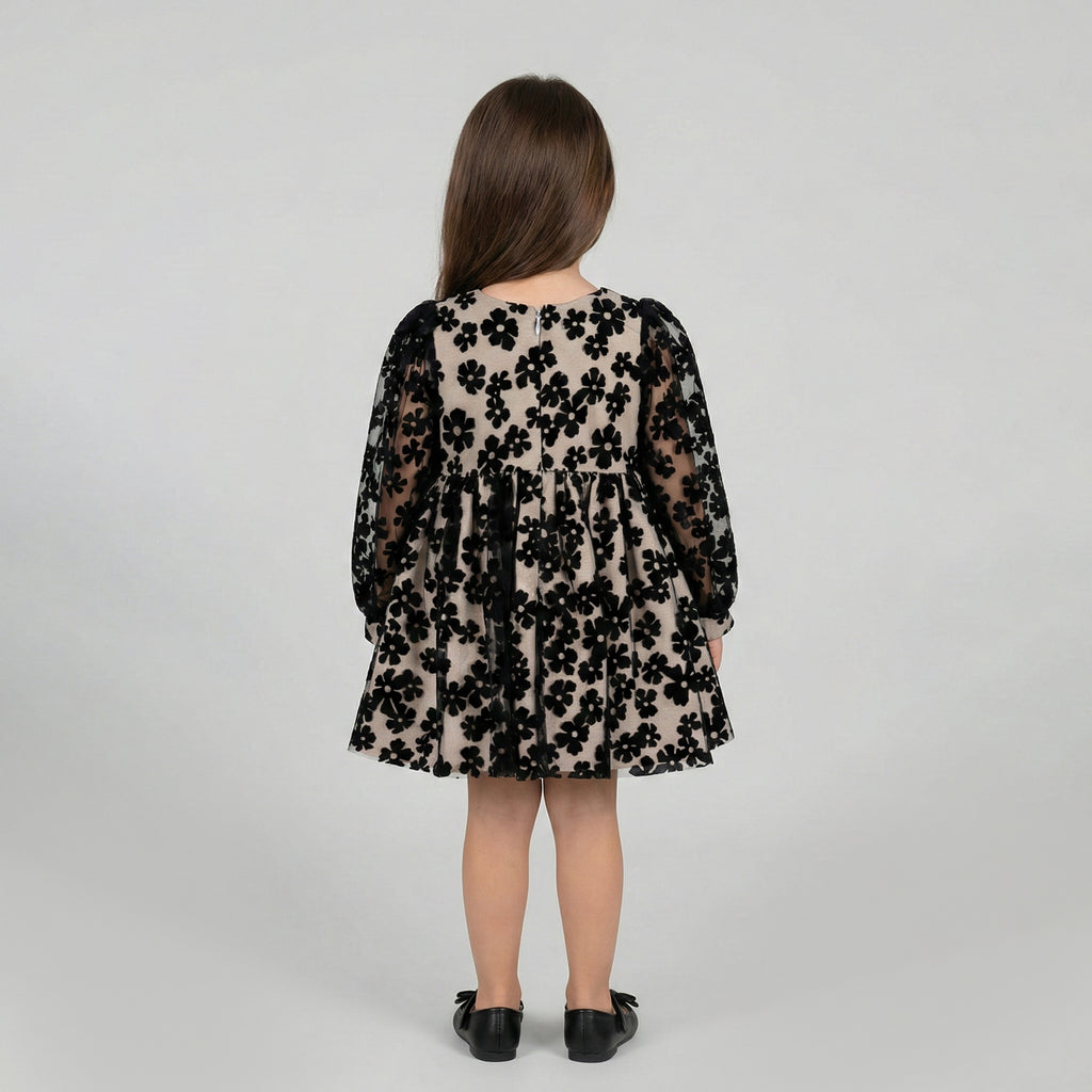 Girls' Textured Floral Party Dress with Pearl-Center Bow