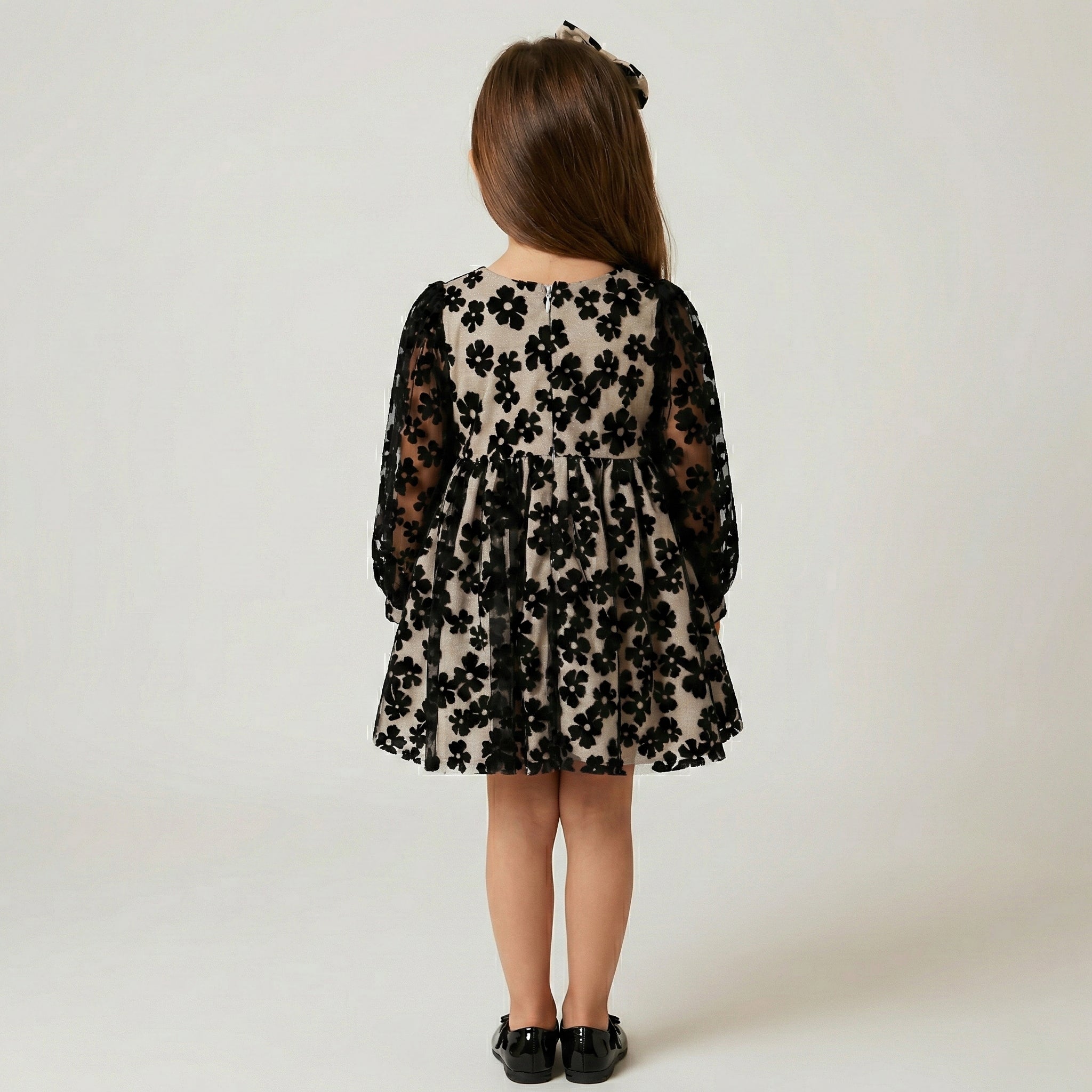 Girls' Elegant Floral Flocking Occasion Dress with Statement Sash