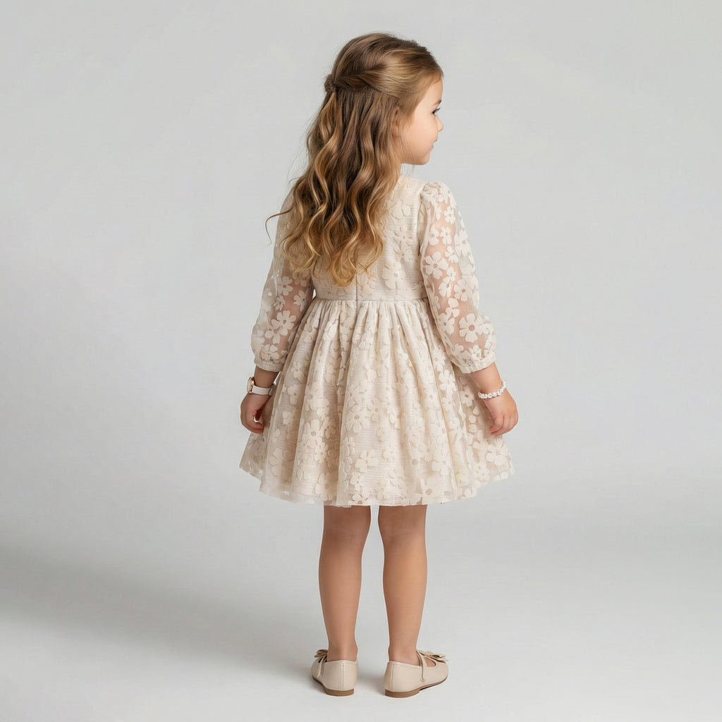 Girls' Textured Floral Party Dress with Pearl-Center Bow