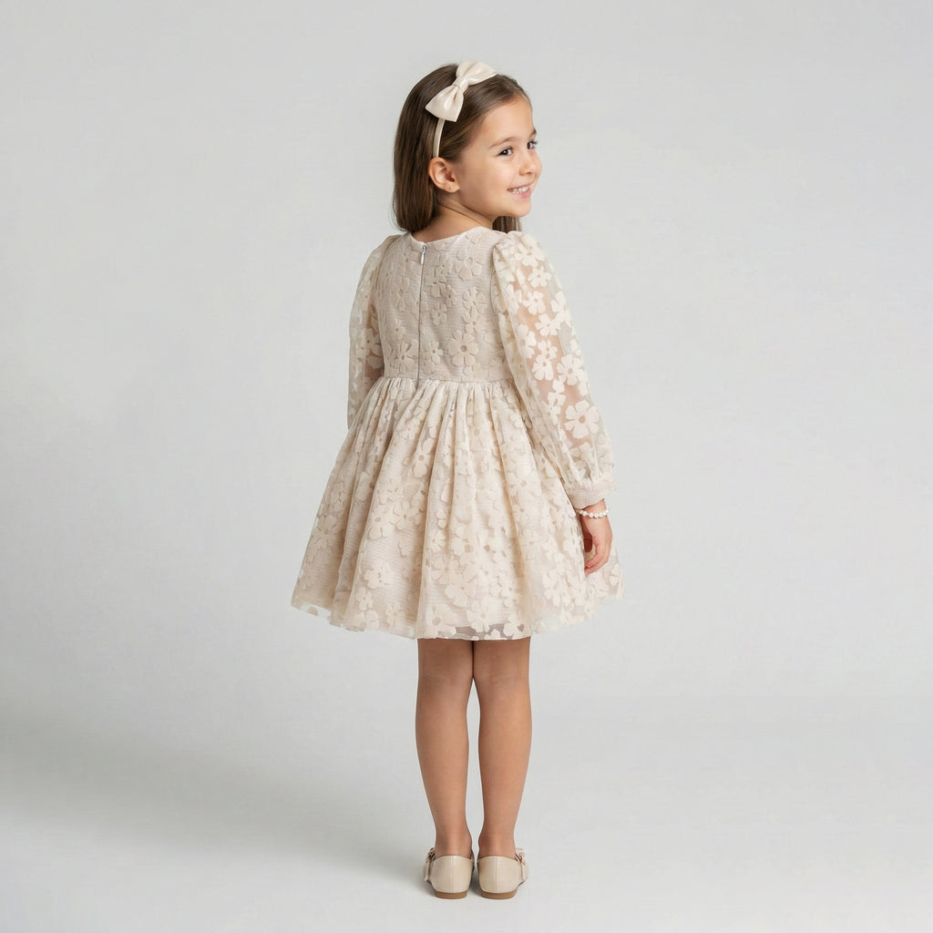 Girls' Elegant Floral Flocking Occasion Dress with Statement Sash