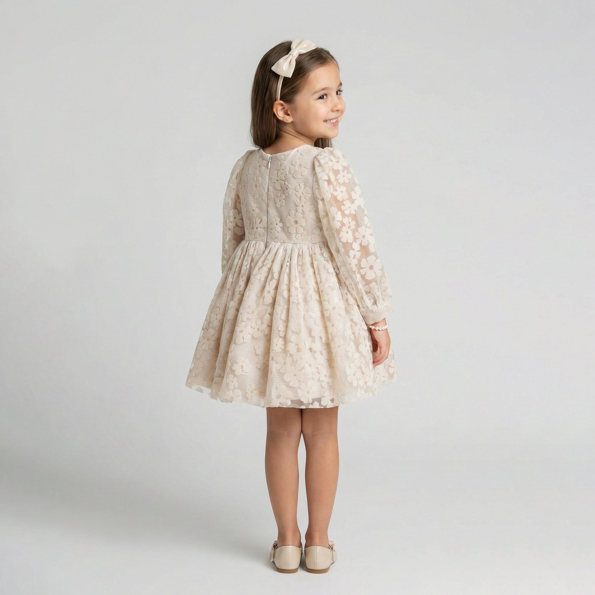 Girls' Seraphina Champagne Floral Lace Dress with Silk Tulle Corsage