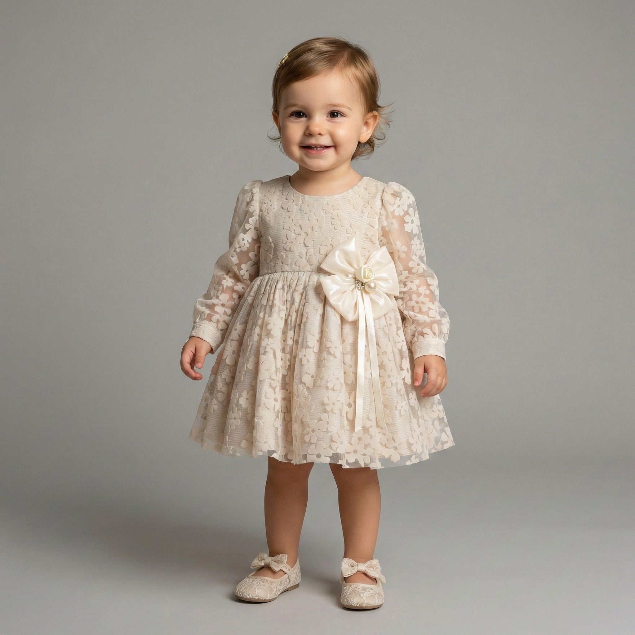 Girls' Seraphina Champagne Floral Lace Dress with Silk Tulle Corsage