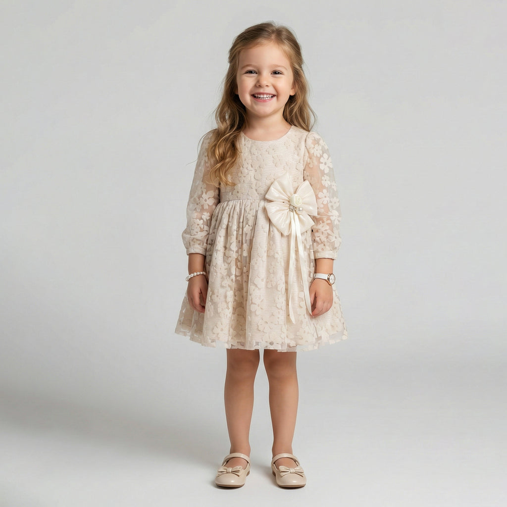 Girls' Textured Floral Party Dress with Pearl-Center Bow