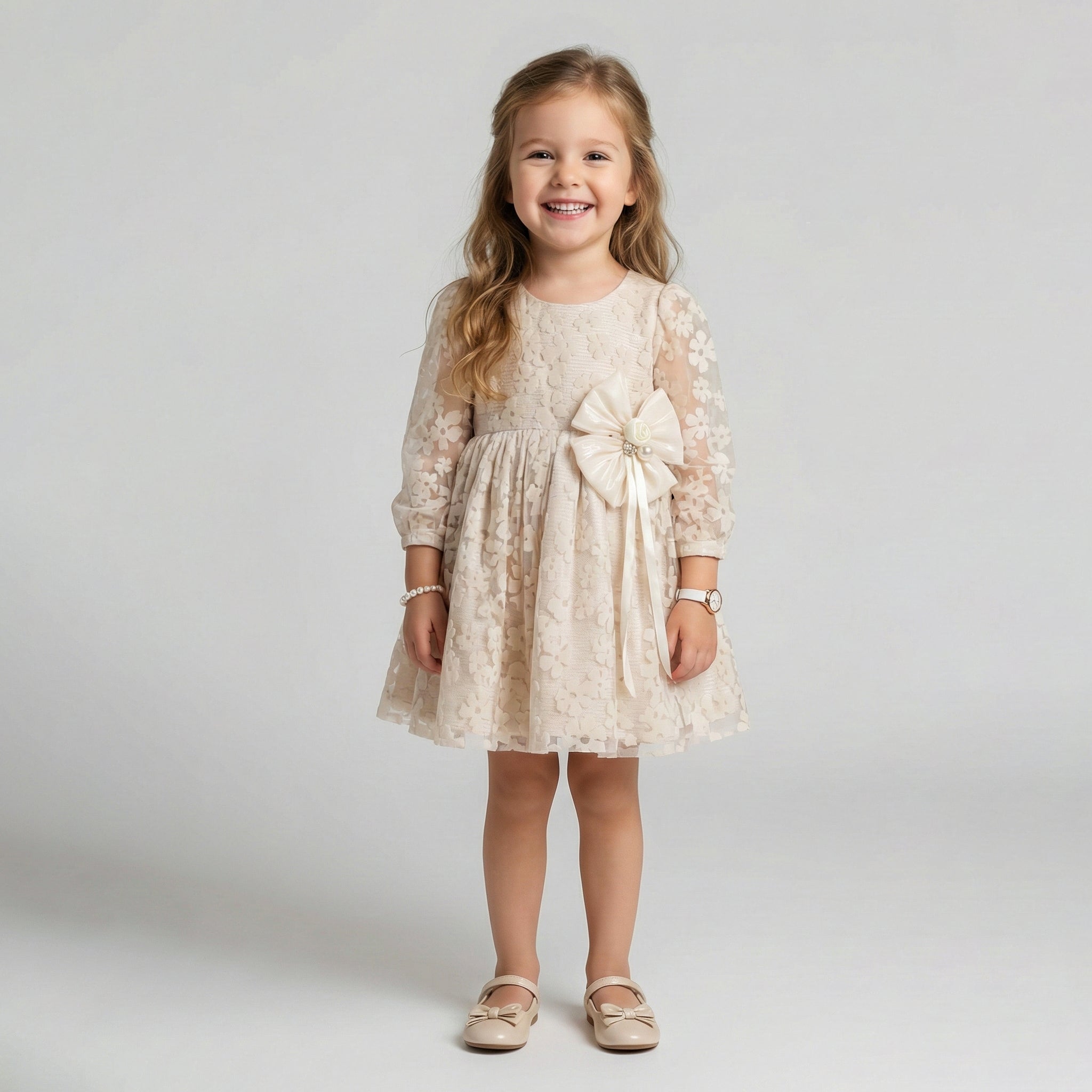 Girls' Textured Floral Party Dress with Pearl-Center Bow