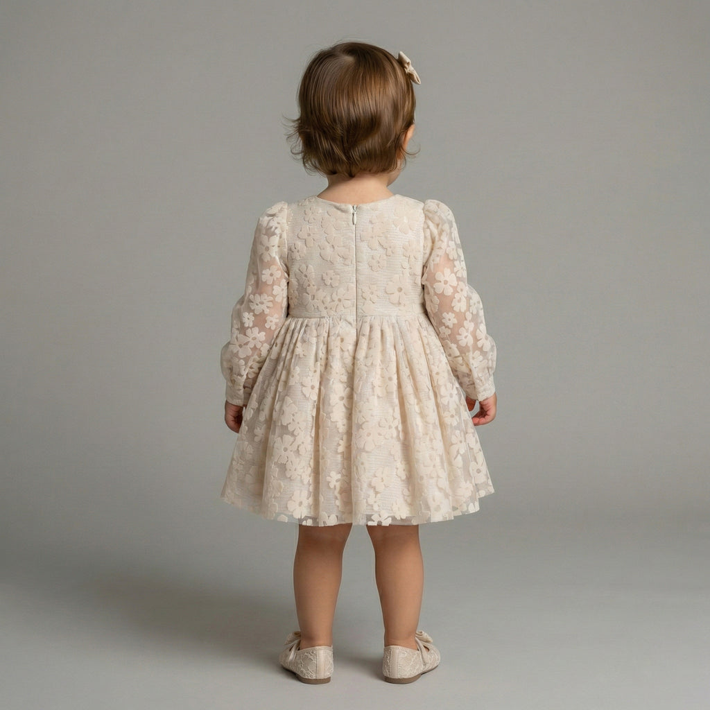 Girls' Seraphina Champagne Floral Lace Dress with Silk Tulle Corsage