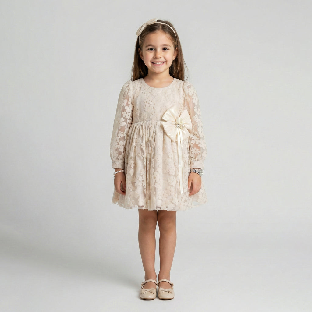 Girls' Elegant Floral Flocking Occasion Dress with Statement Sash