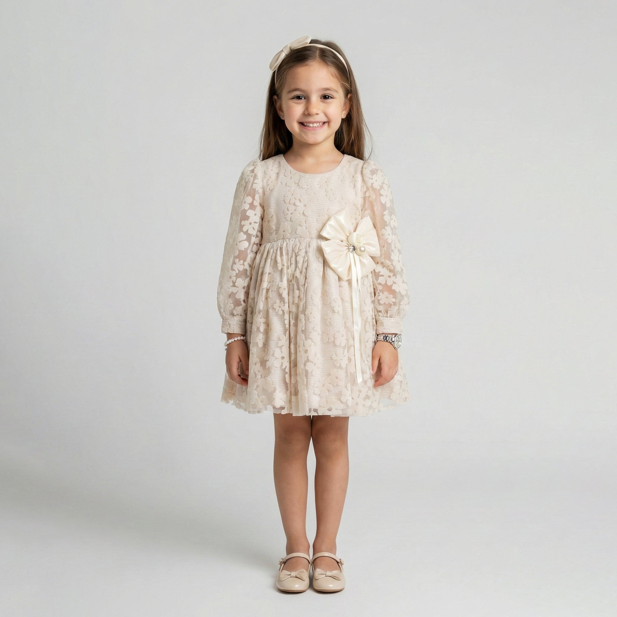Girls' Elegant Floral Flocking Occasion Dress with Statement Sash