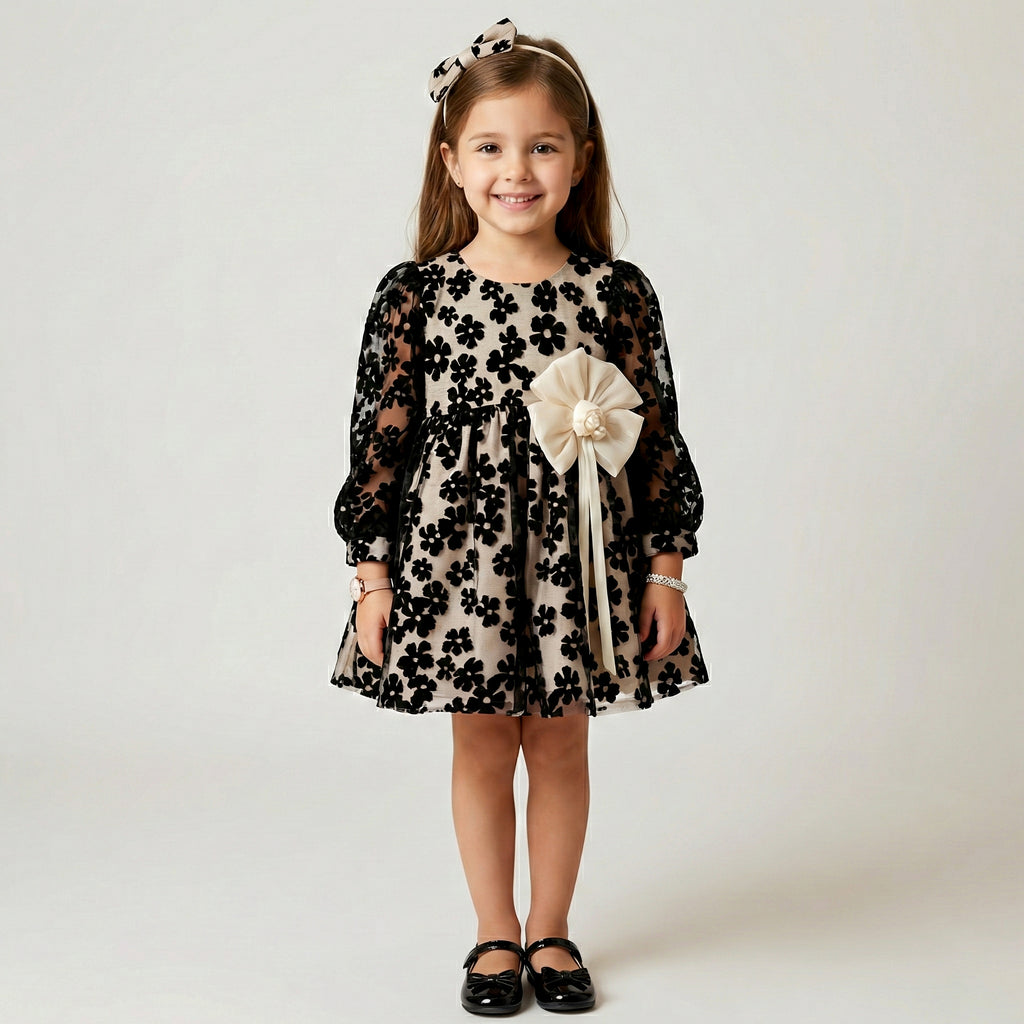 Girls' Elegant Floral Flocking Occasion Dress with Statement Sash