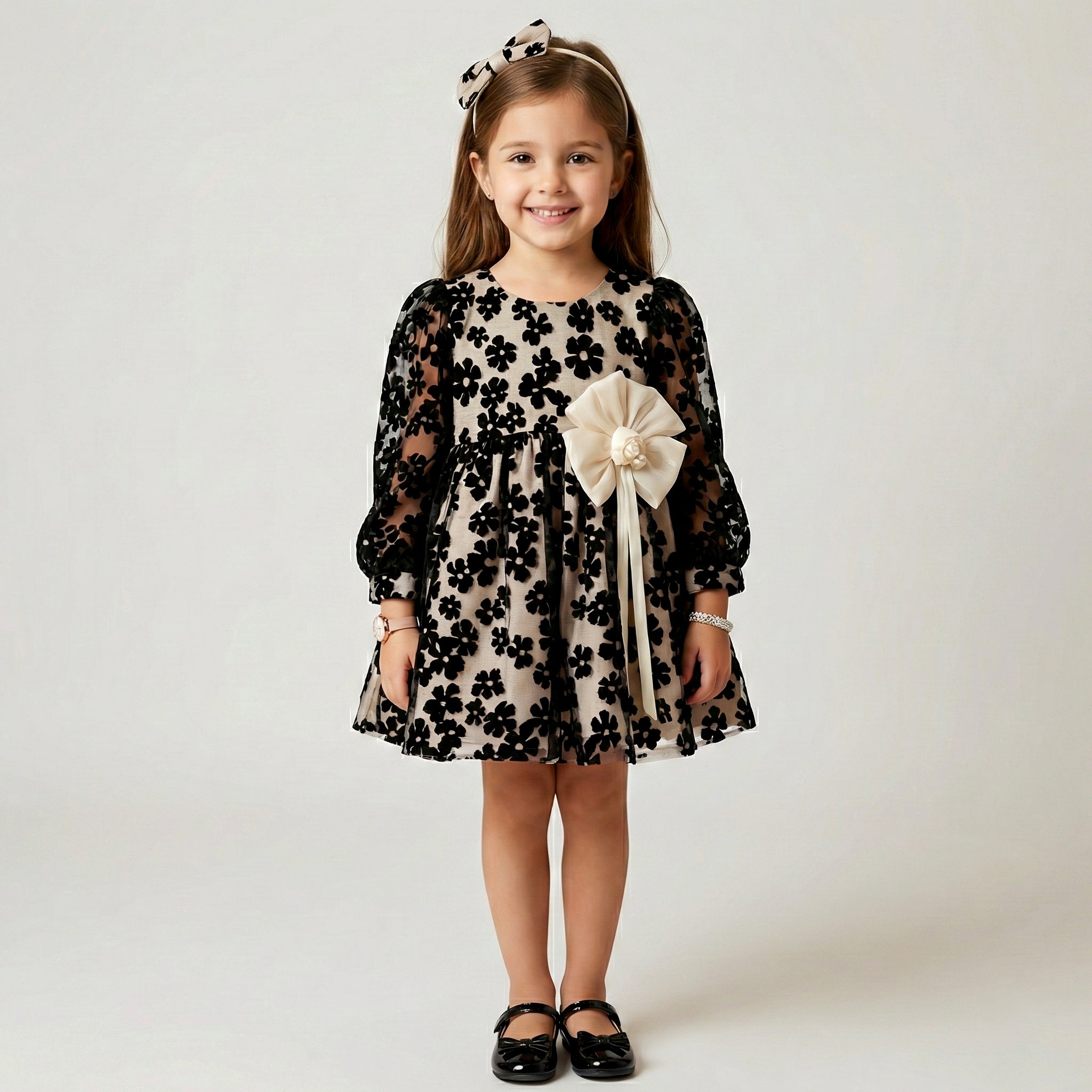 Girls' Elegant Floral Flocking Occasion Dress with Statement Sash