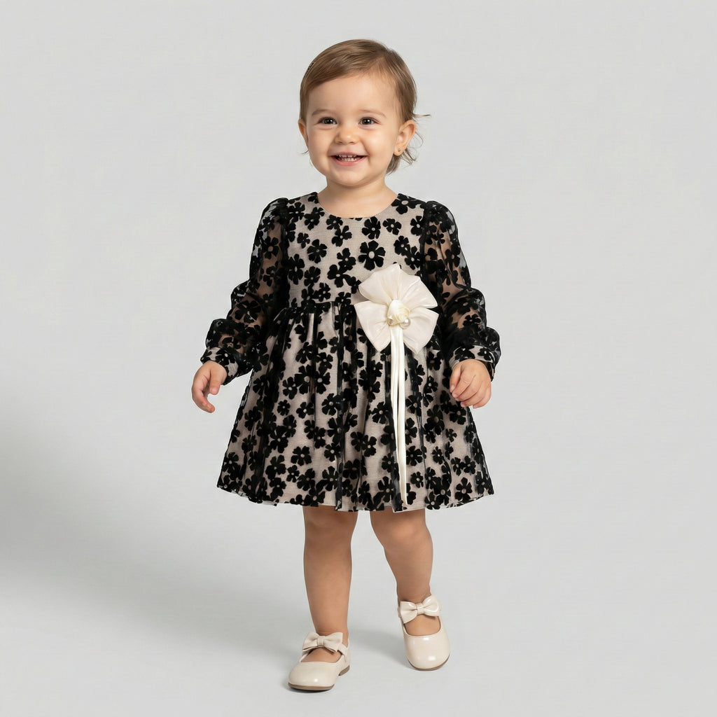 Baby & Toddler Floral Flocked Mesh Dress with Oversized Rosette