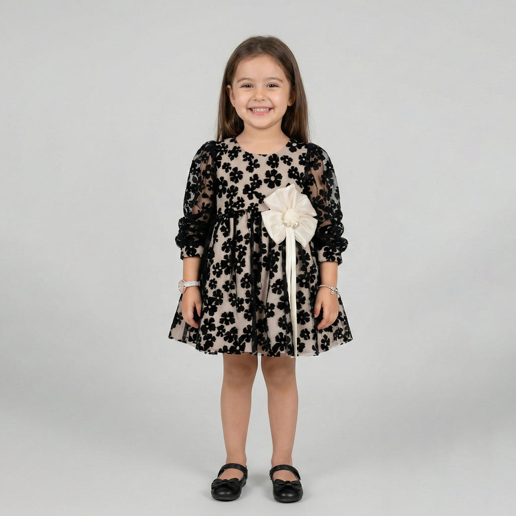 Girls' Textured Floral Party Dress with Pearl-Center Bow