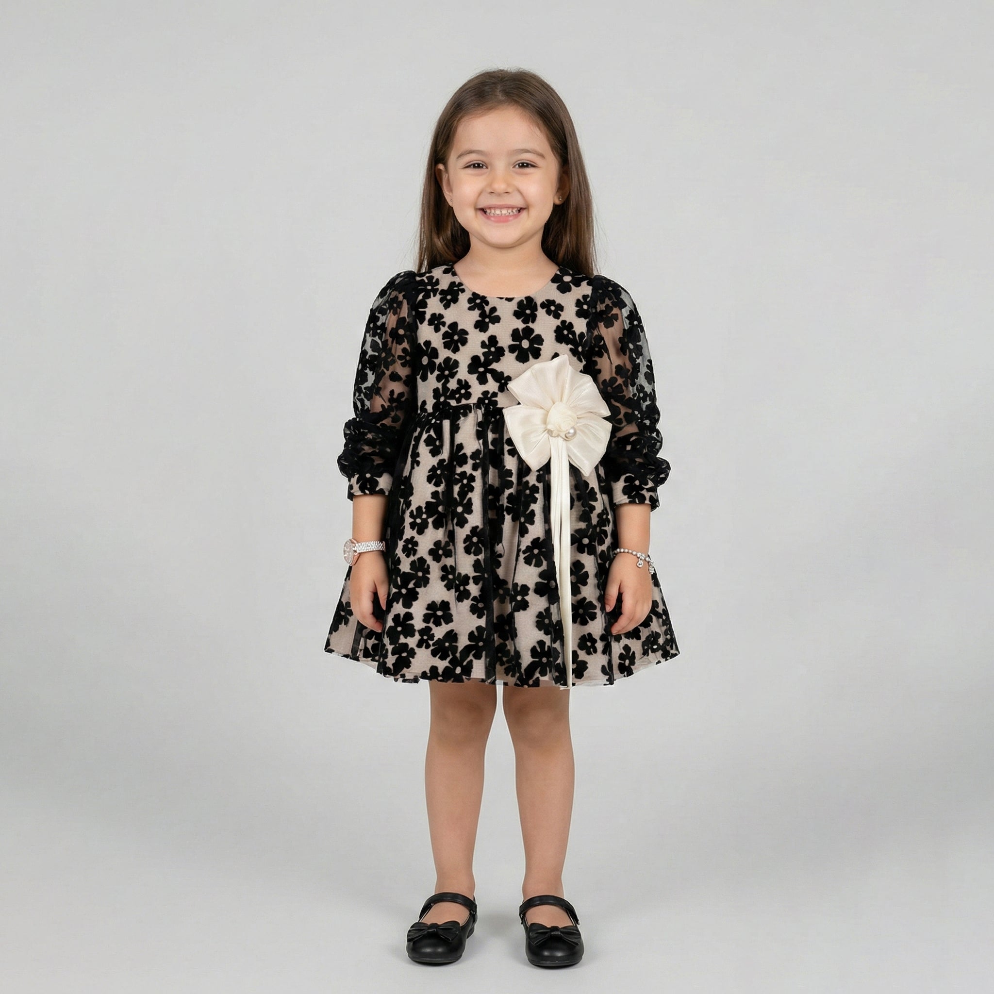 Girls' Textured Floral Party Dress with Pearl-Center Bow