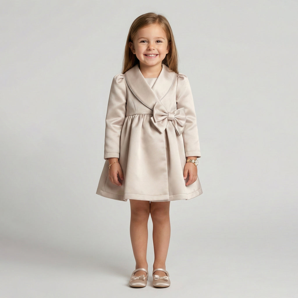 Toddler Satin Shawl-Collar Party Dress with Statement Bow