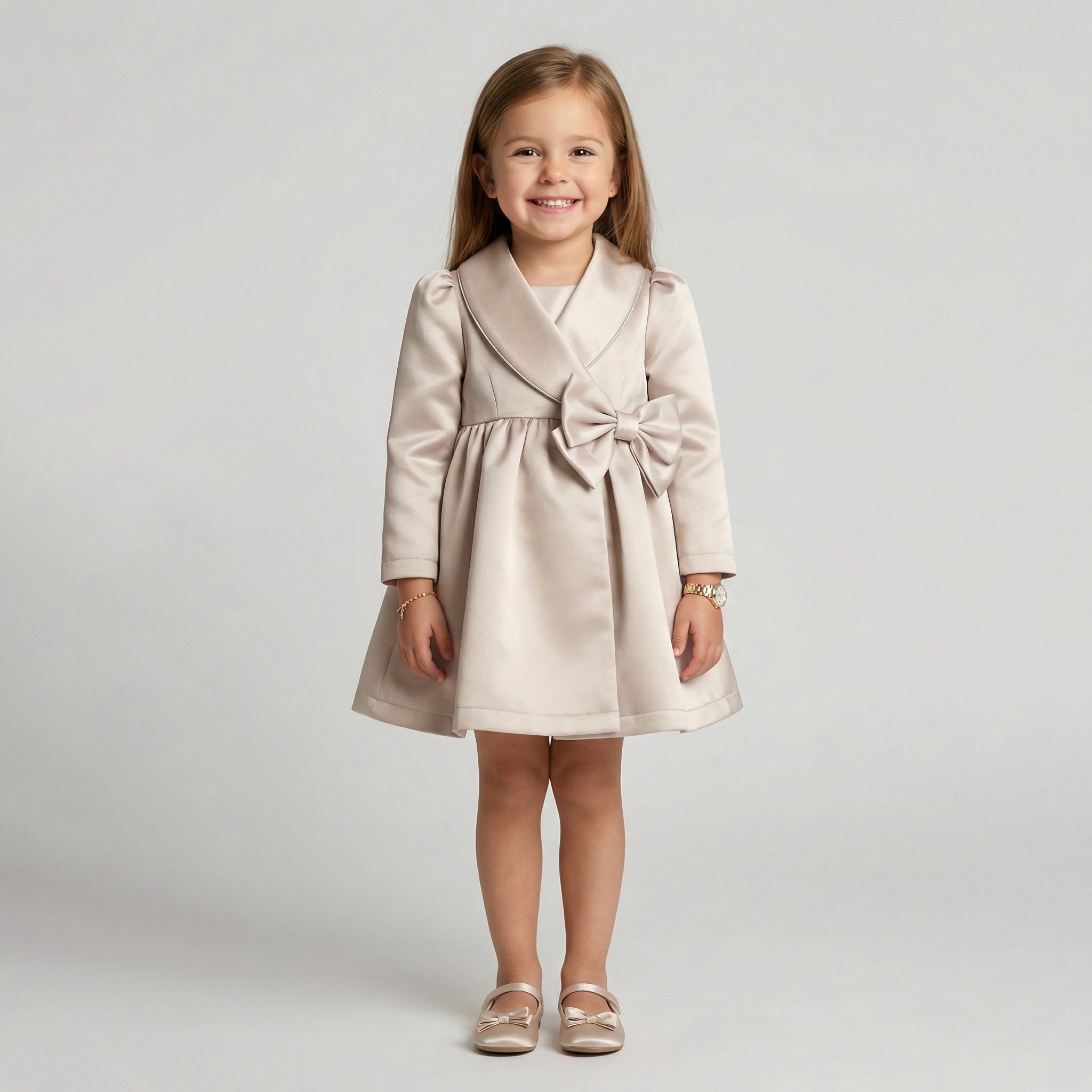 Toddler Satin Shawl-Collar Party Dress with Statement Bow