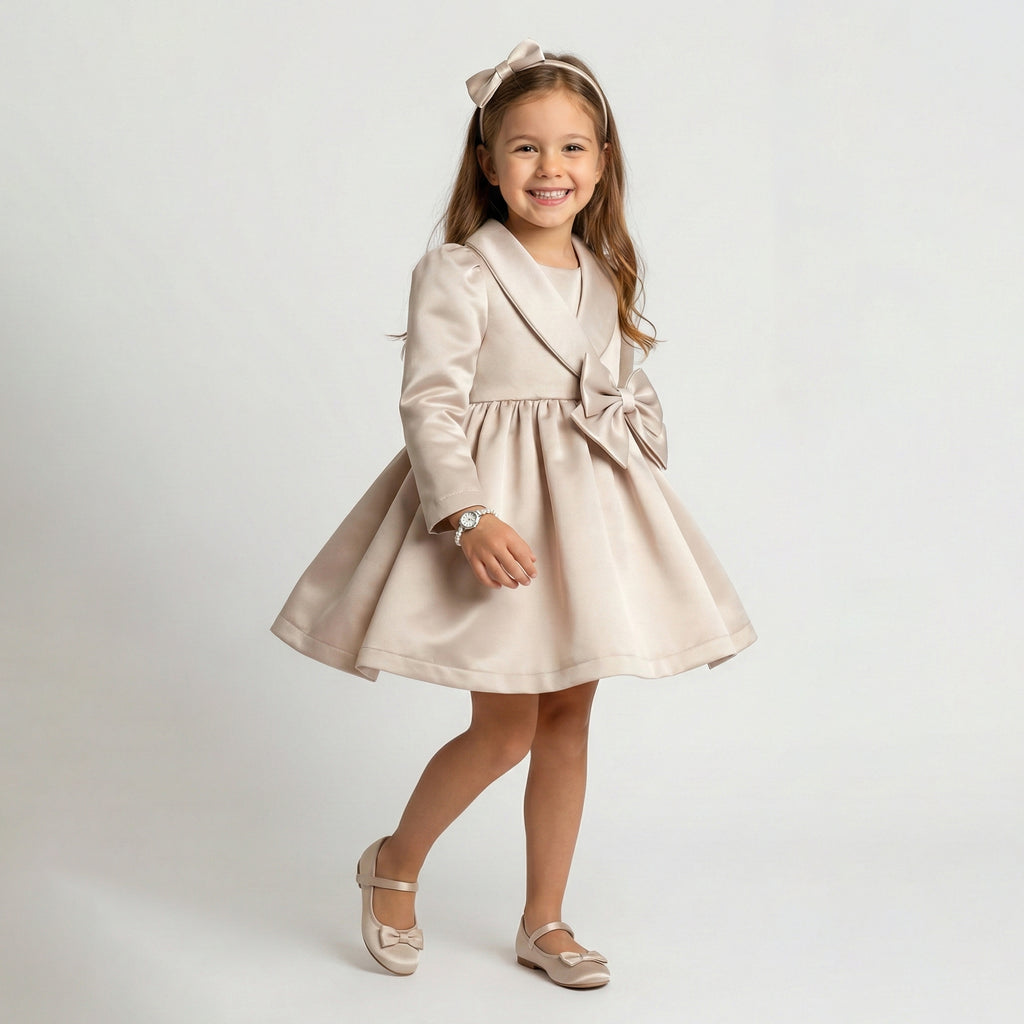 Girls’ Elegant Satin Wrap-Style Dress with Statement Bow