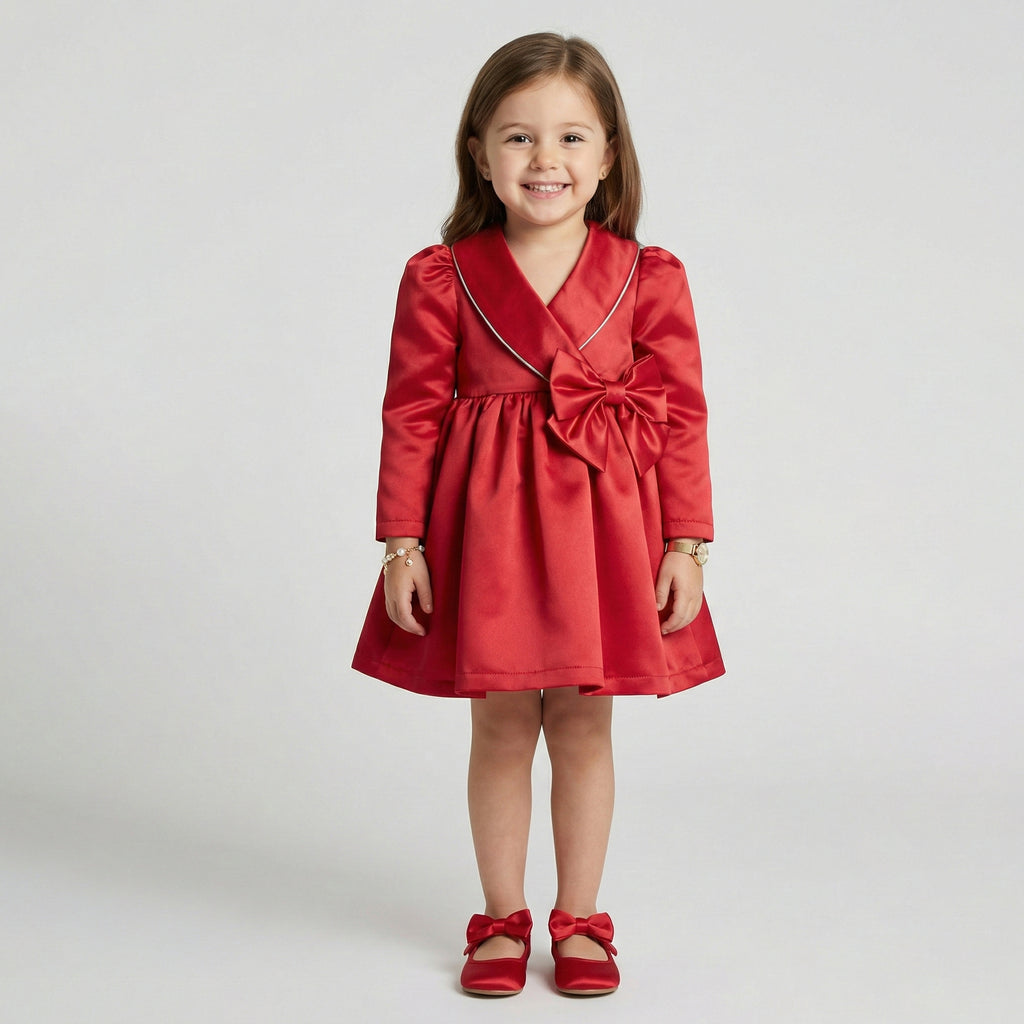Toddler Satin Shawl-Collar Party Dress with Statement Bow