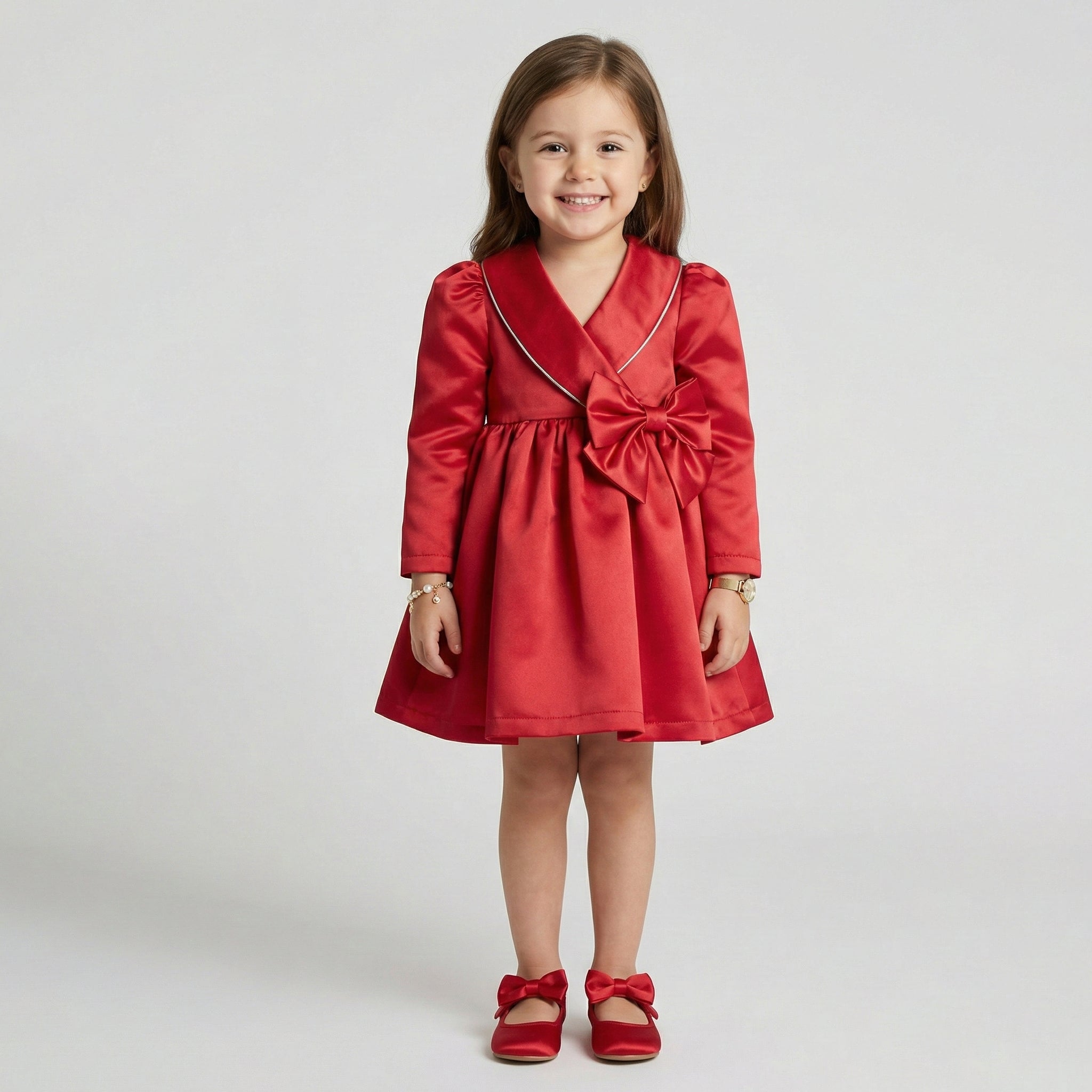 Toddler Satin Shawl-Collar Party Dress with Statement Bow