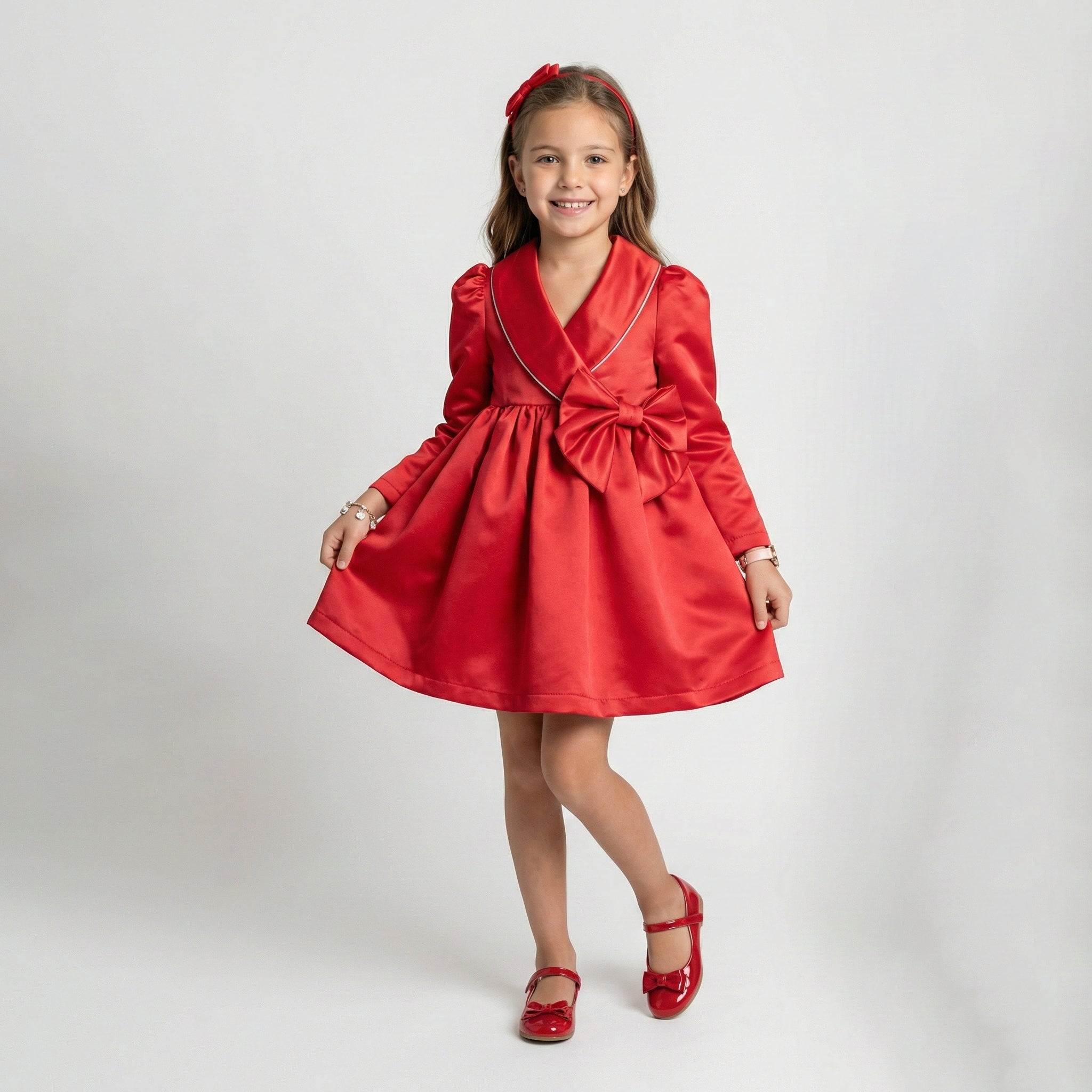 Girls' Sophisticated Satin Occasion Dress with Shawl Collar & Bow