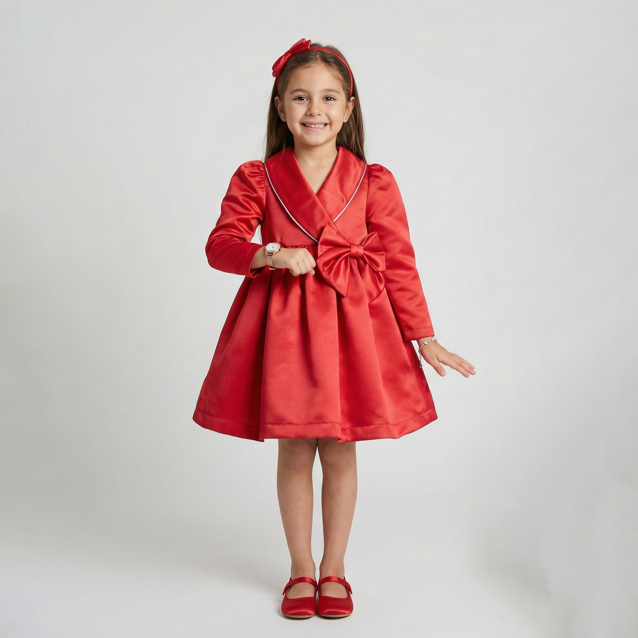 Girls’ Elegant Satin Wrap-Style Dress with Statement Bow