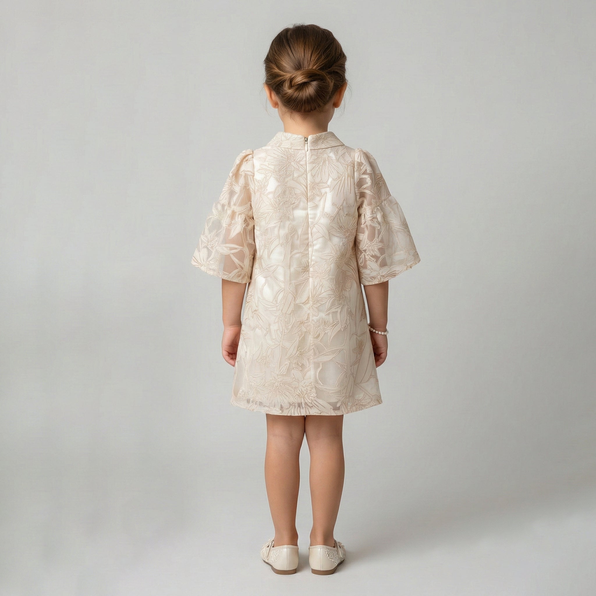 Girls' Aurelia Rose-Embossed Organza Shift Dress with Lantern Sleeves