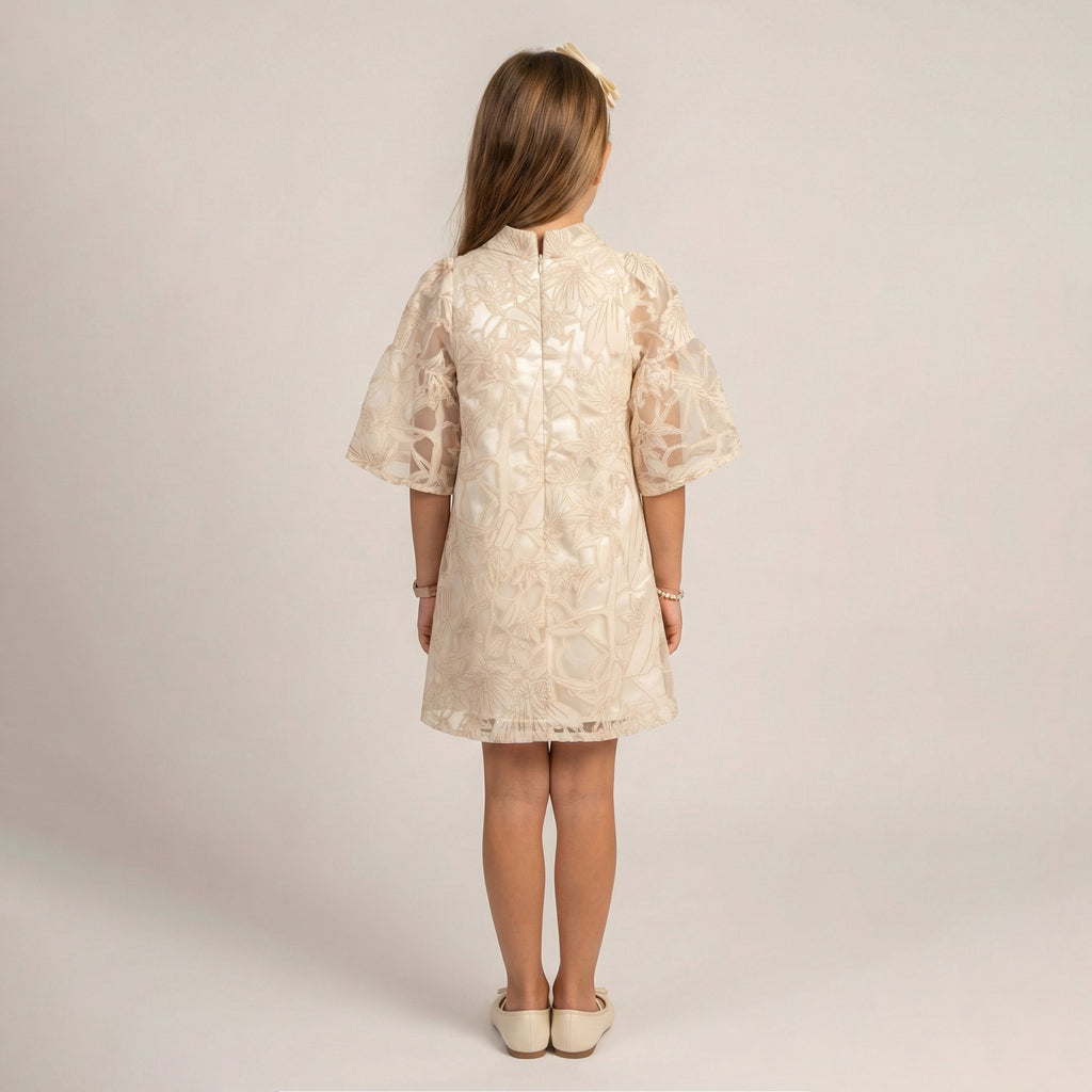 Girls' Sophisticated Floral Embroidered Occasion Dress with Flutter Sleeves
