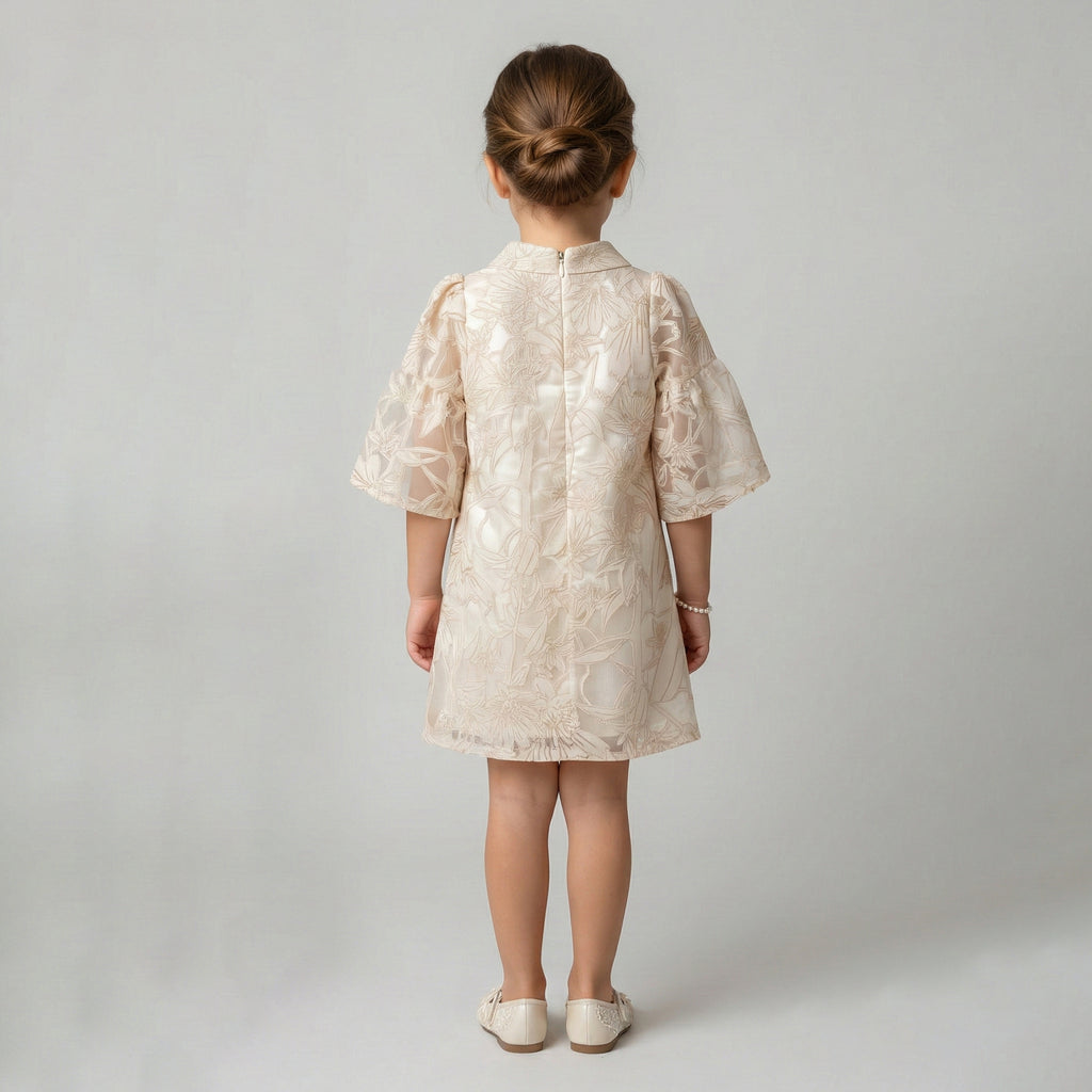 Little Princess Elegant Floral Embroidered Occasion Dress with Flutter Sleeves