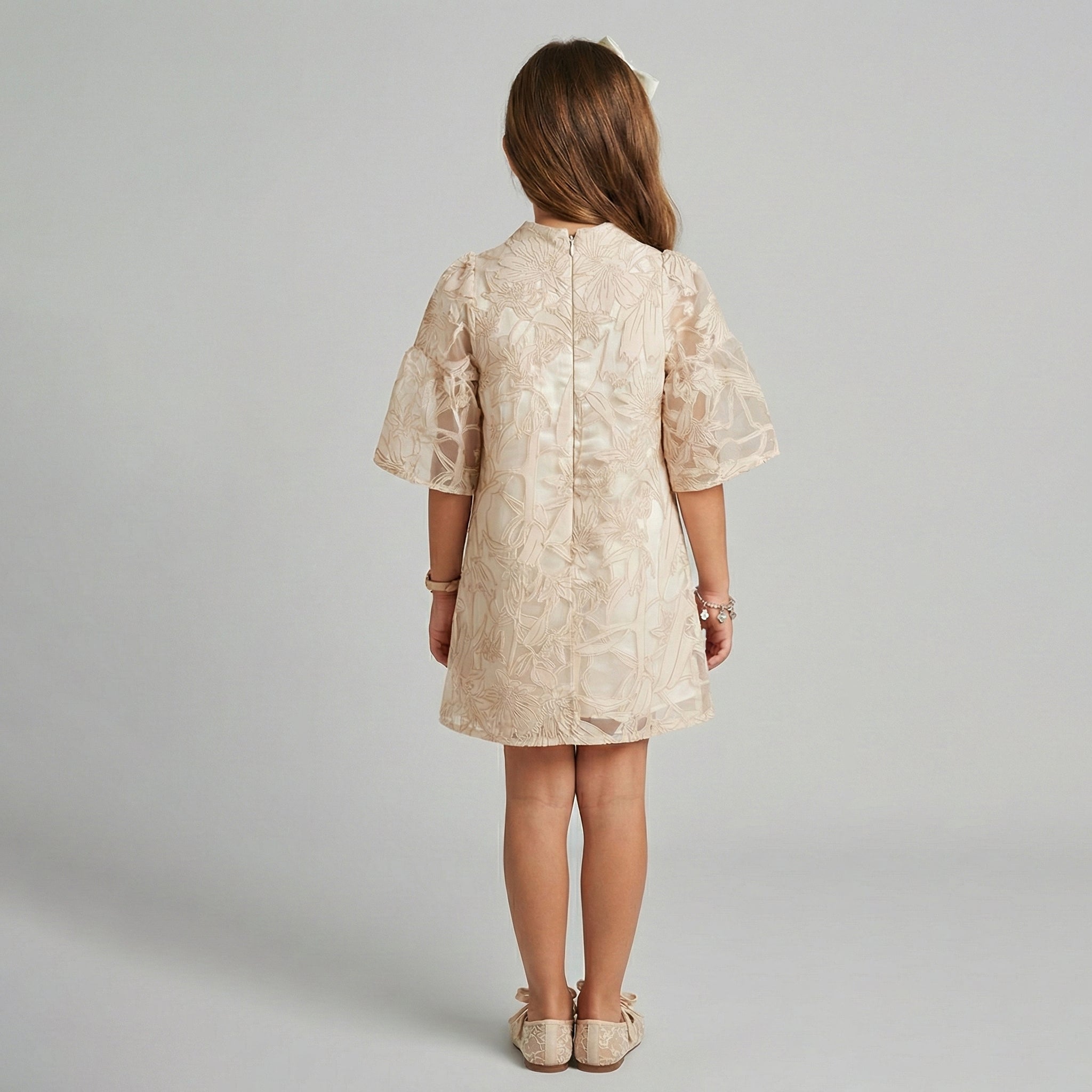 Girls' Aurelia Rose-Embossed Organza Shift Dress with Lantern Sleeves