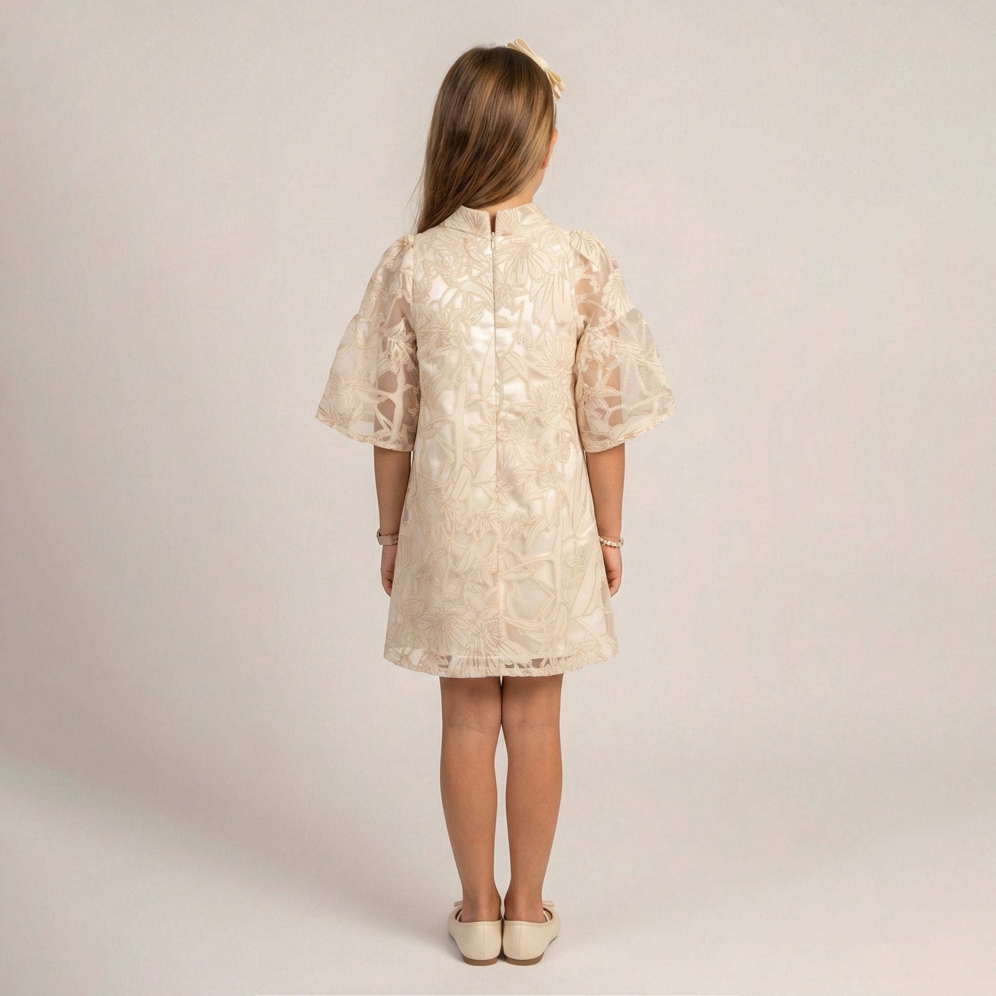 Girls' Aurelia Rose-Embossed Organza Shift Dress with Lantern Sleeves