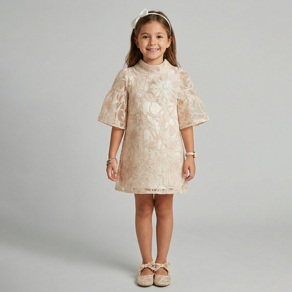 Girls' Grace Floral Embroidered Occasion Dress with Flutter Sleeves