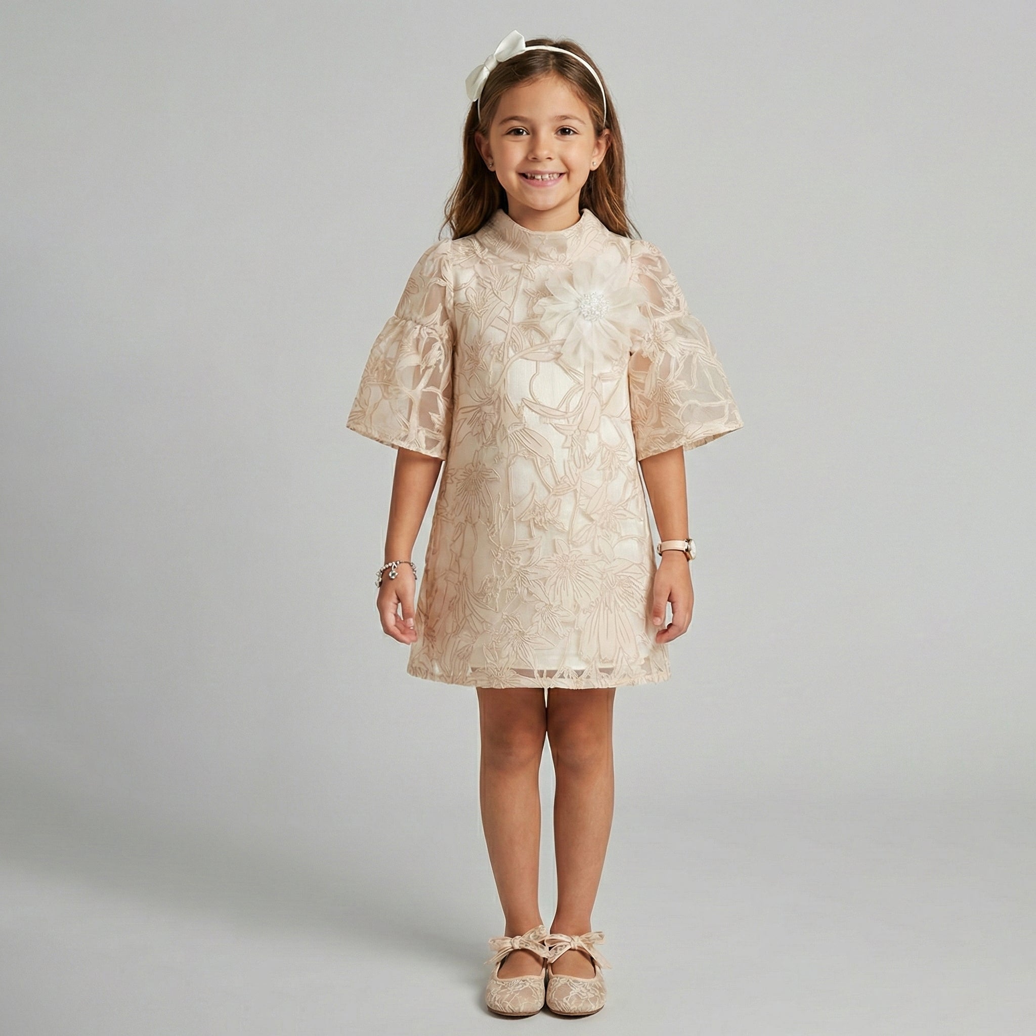Girls' Aurelia Rose-Embossed Organza Shift Dress with Lantern Sleeves