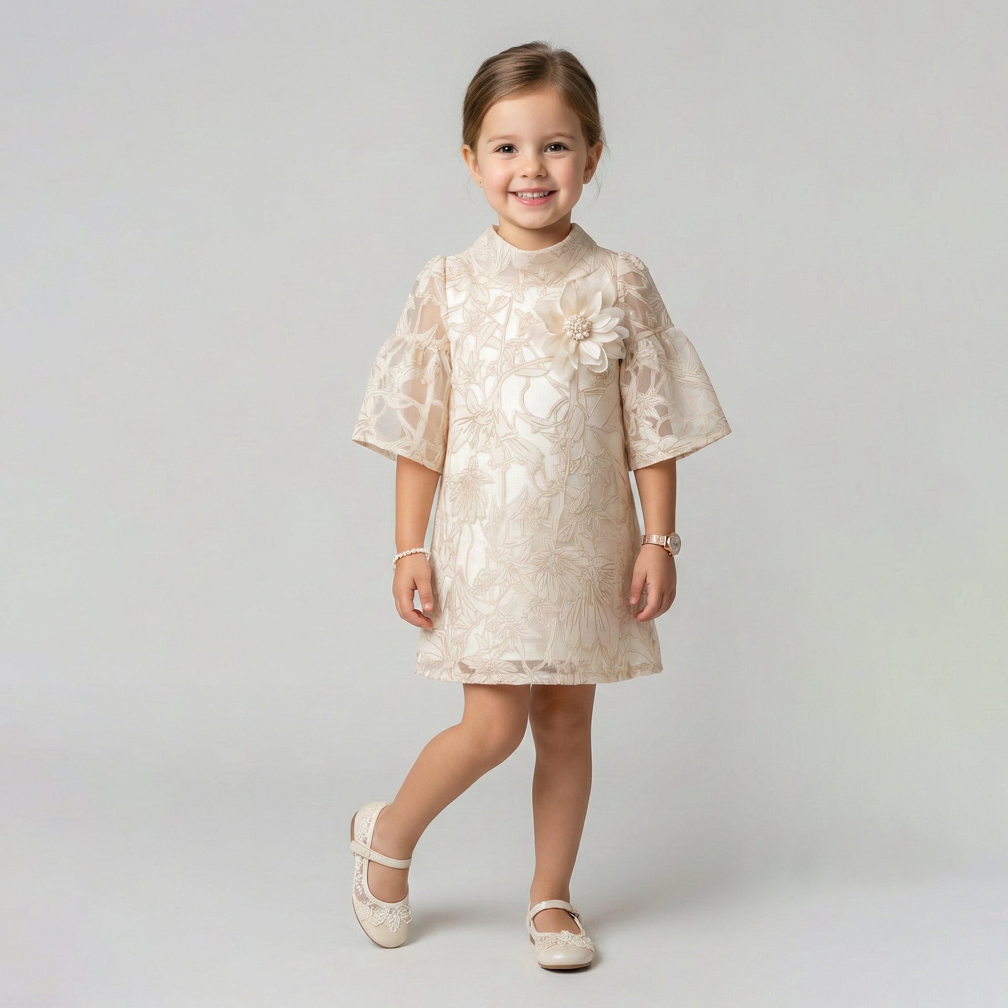 Little Princess Elegant Floral Embroidered Occasion Dress with Flutter Sleeves