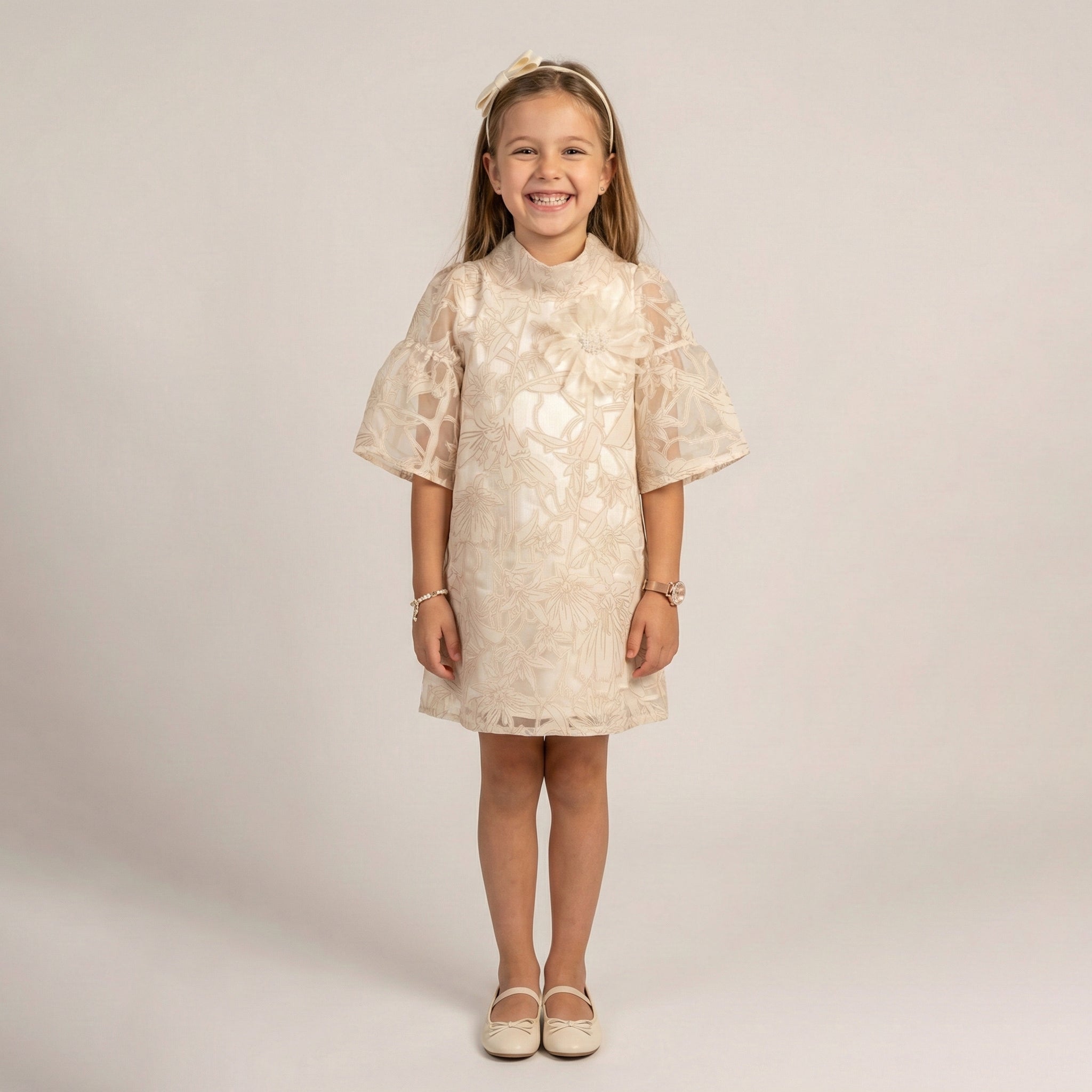 Girls' Aurelia Rose-Embossed Organza Shift Dress with Lantern Sleeves