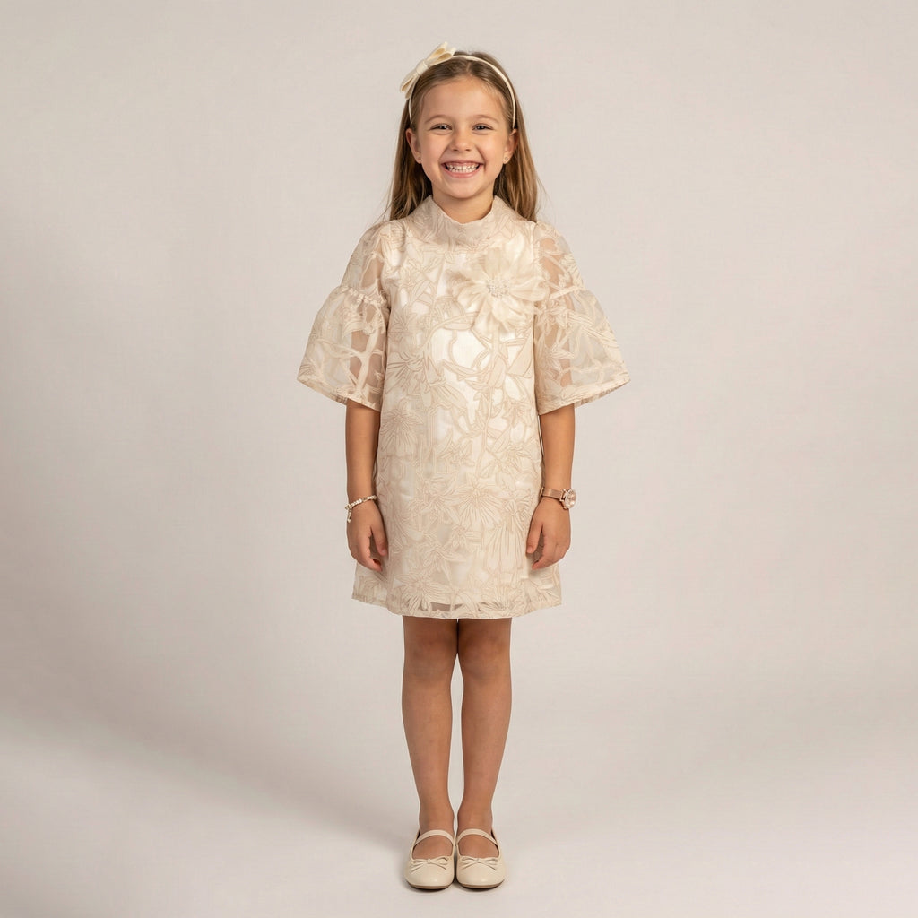 Girls' Sophisticated Floral Embroidered Occasion Dress with Flutter Sleeves