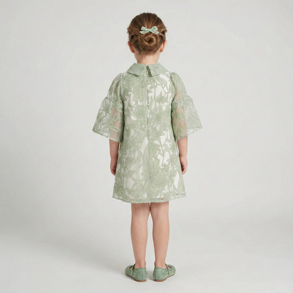 Little Princess Elegant Floral Embroidered Occasion Dress with Flutter Sleeves