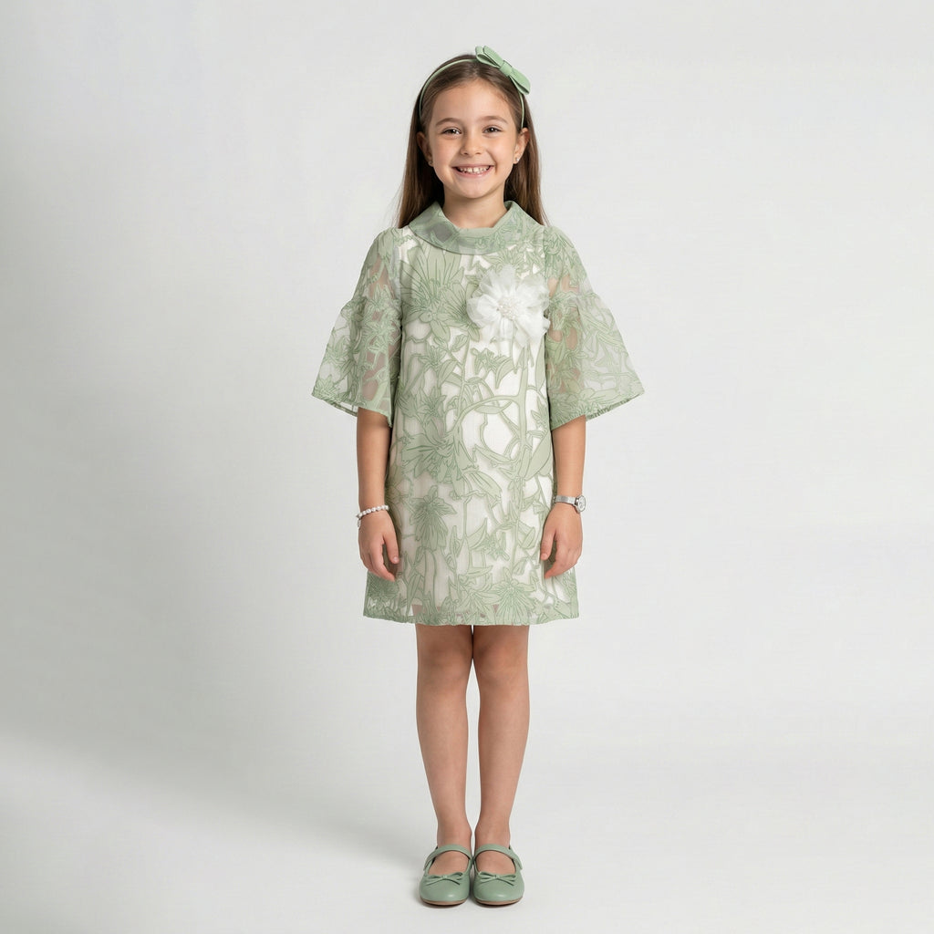 Girls' Grace Floral Embroidered Occasion Dress with Flutter Sleeves