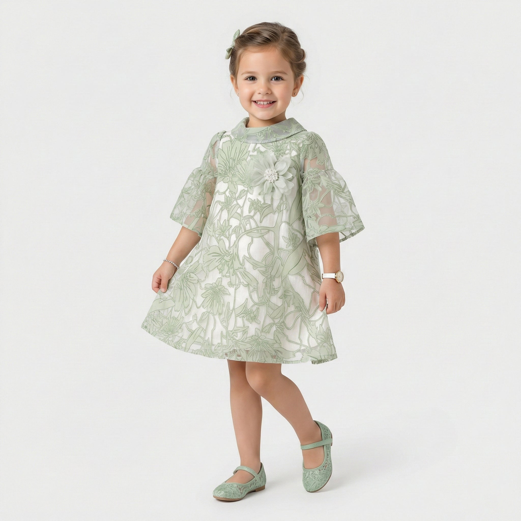 Little Princess Elegant Floral Embroidered Occasion Dress with Flutter Sleeves