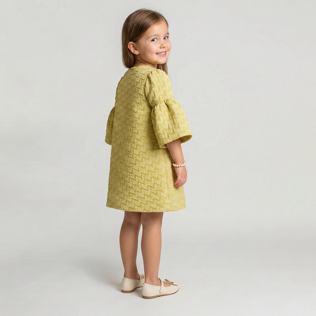 Textured Bell-Sleeve Occasion Coat with Dimensional Floral Accent