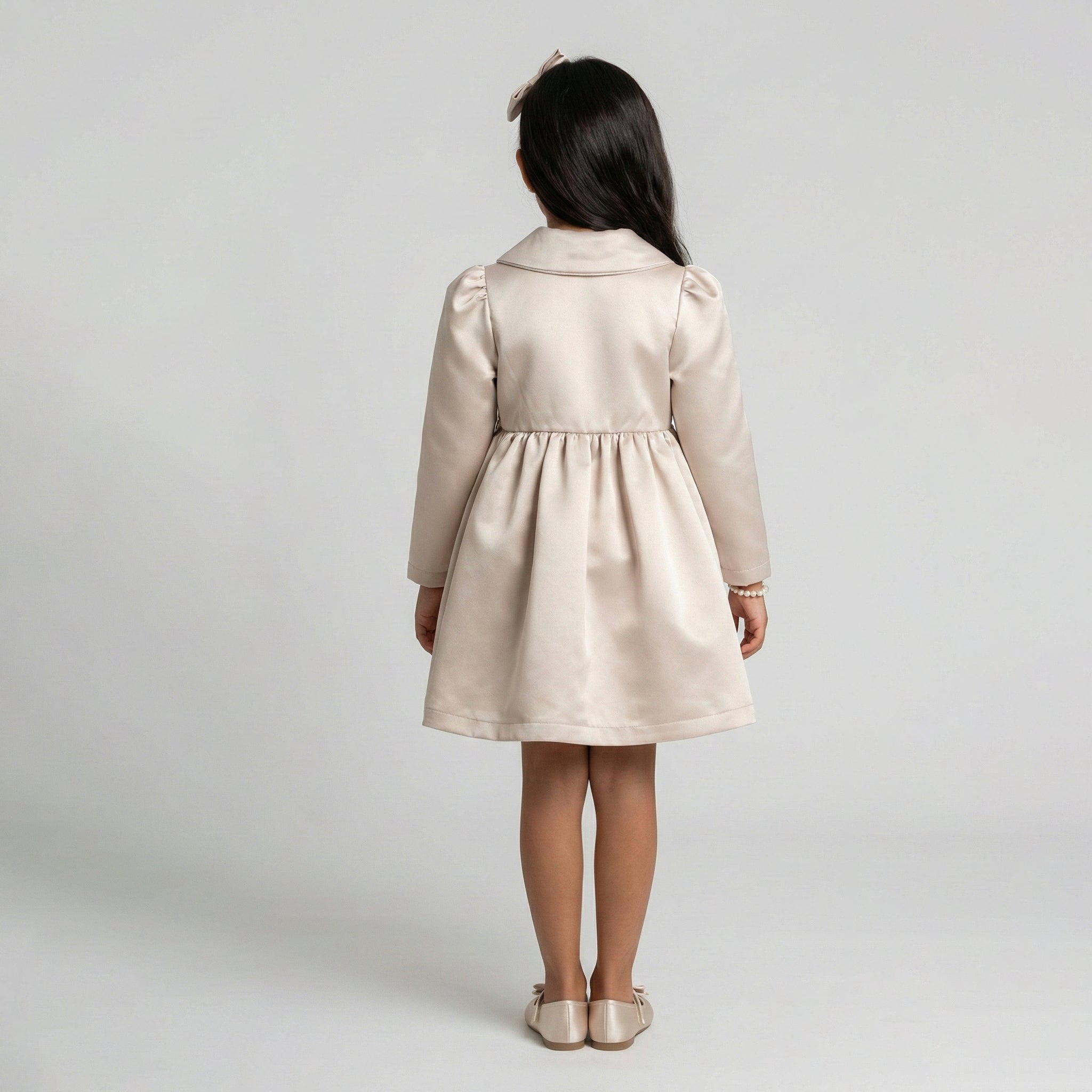 Girls' Sophisticated Satin Occasion Dress with Shawl Collar & Bow