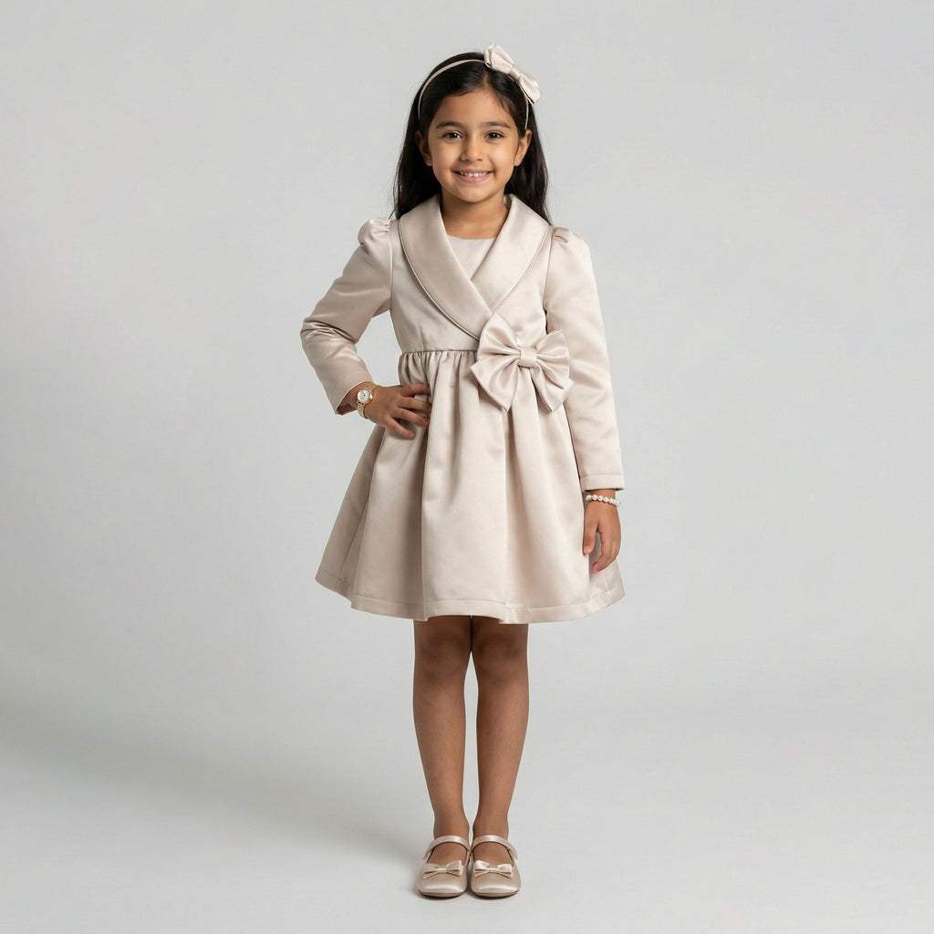 Girls' Sophisticated Satin Occasion Dress with Shawl Collar & Bow