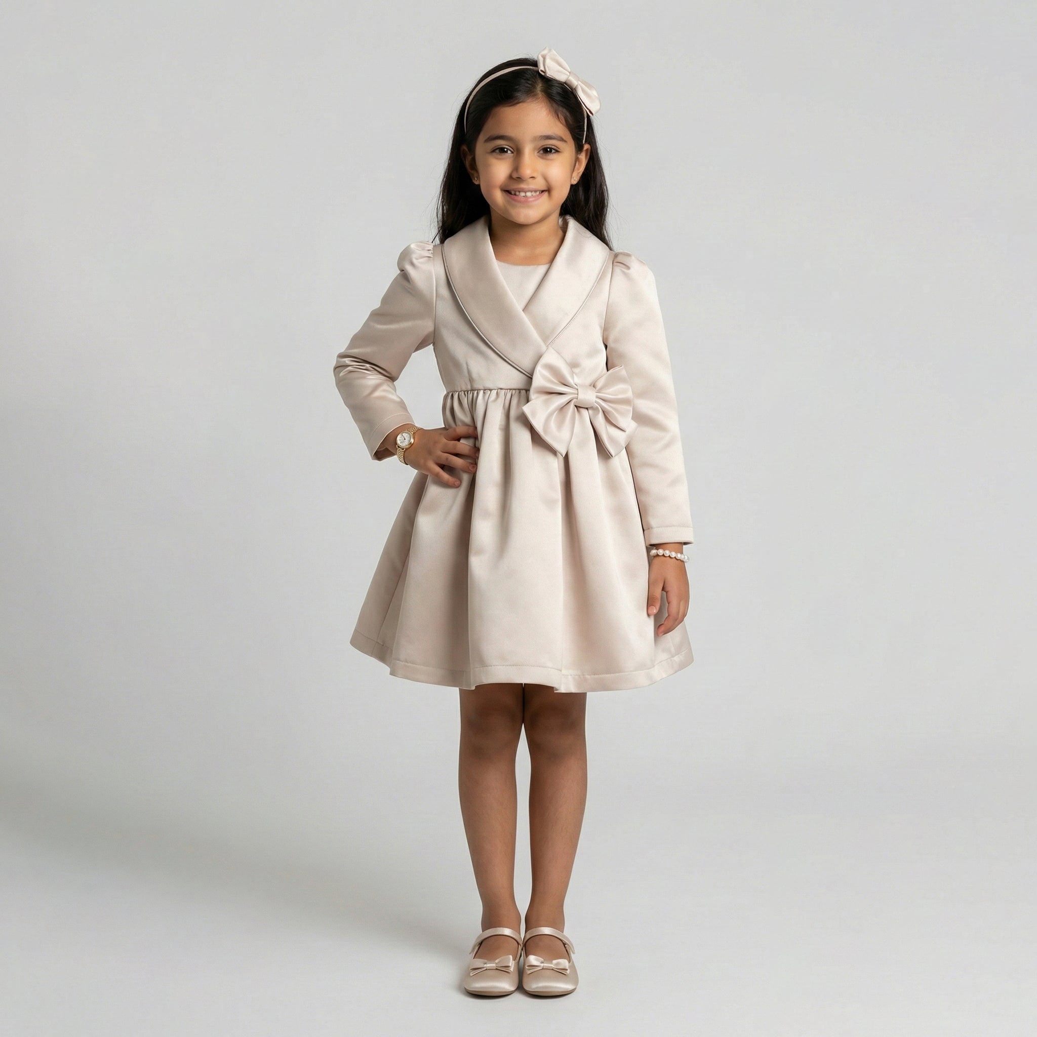 Girls' Sophisticated Satin Occasion Dress with Shawl Collar & Bow