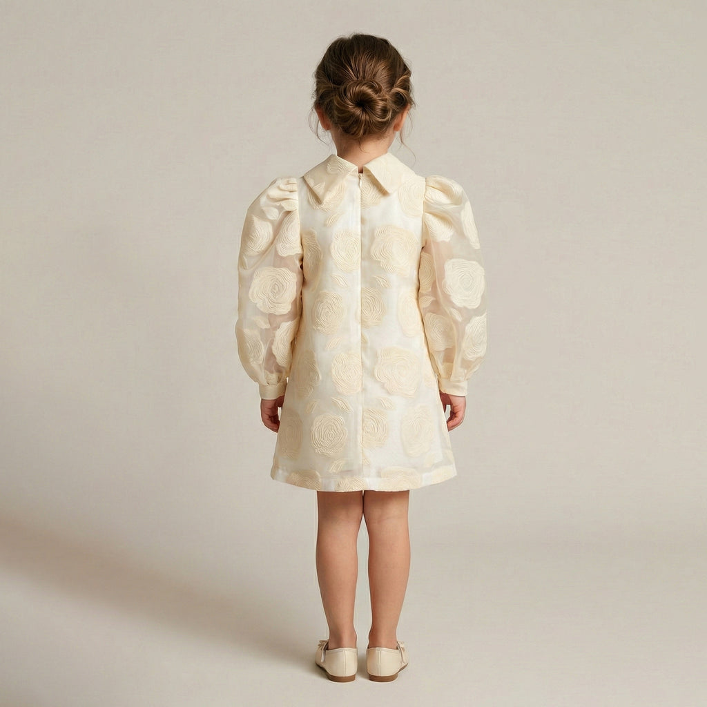 Toddler 3D Rose Jacquard Dress with Statement Puff Sleeves