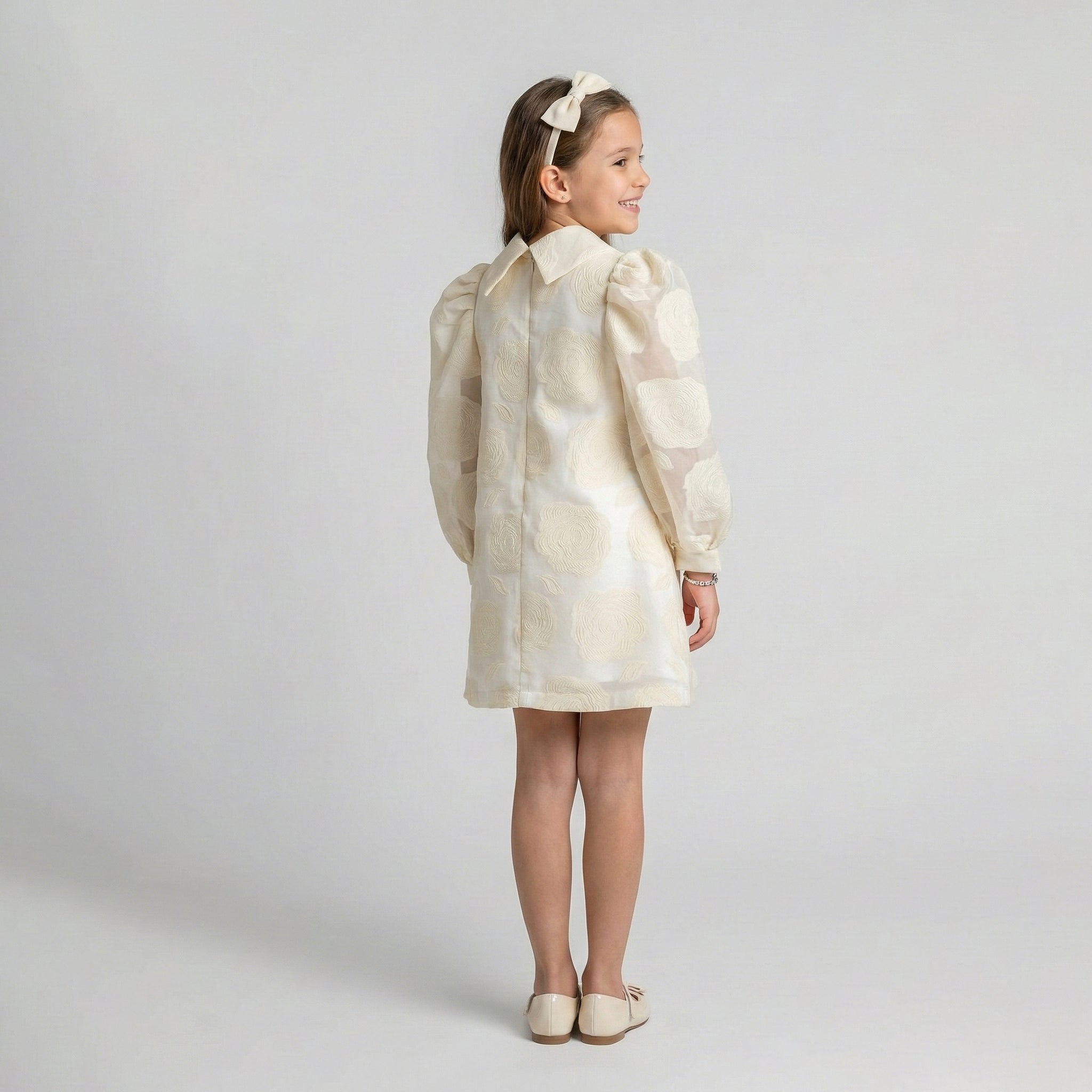 Girls' Sophisticated Rose Jacquard Dress with Lantern Sleeves