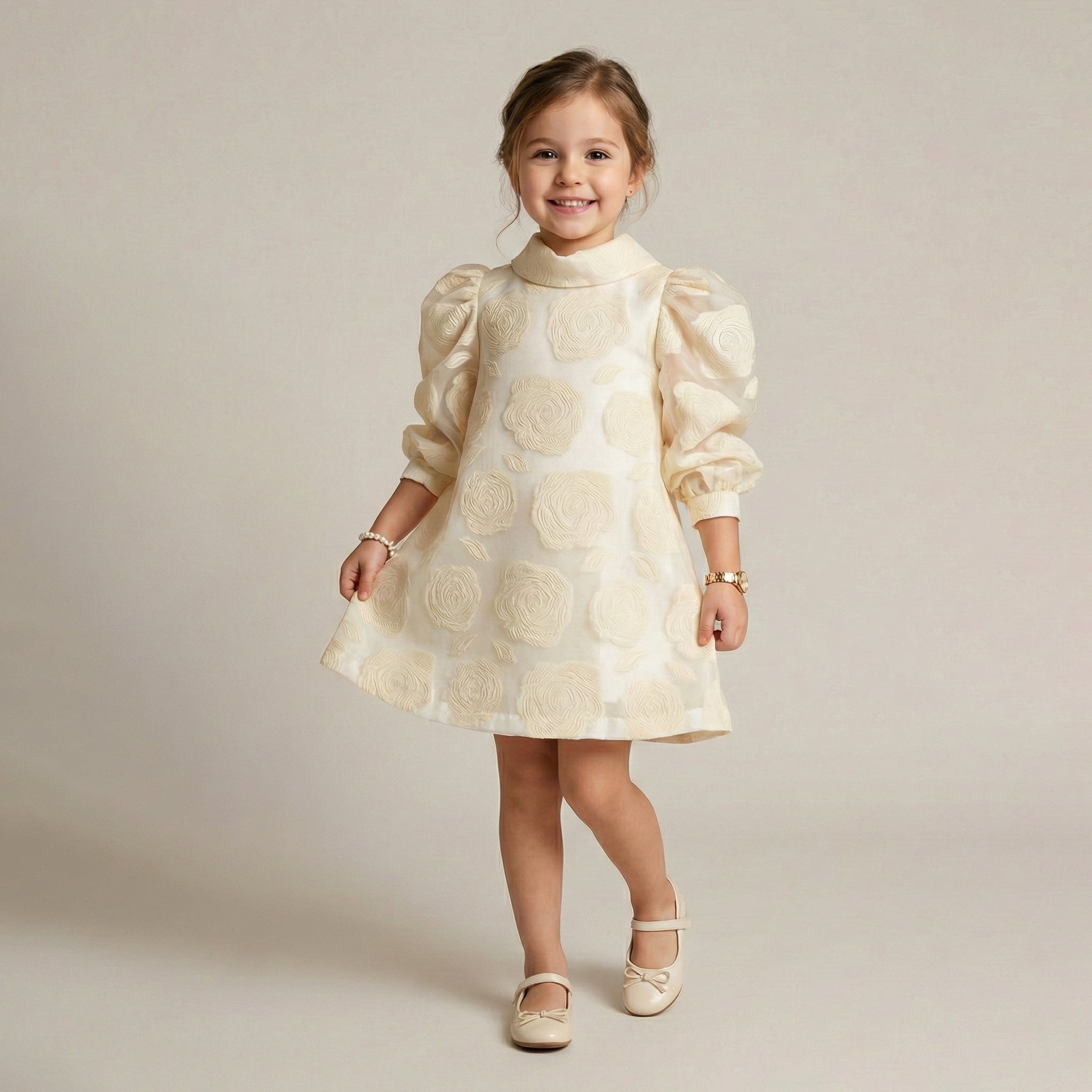 Girls' Aurelia Rose-Embossed Organza Shift Dress & Bow Capelet Set