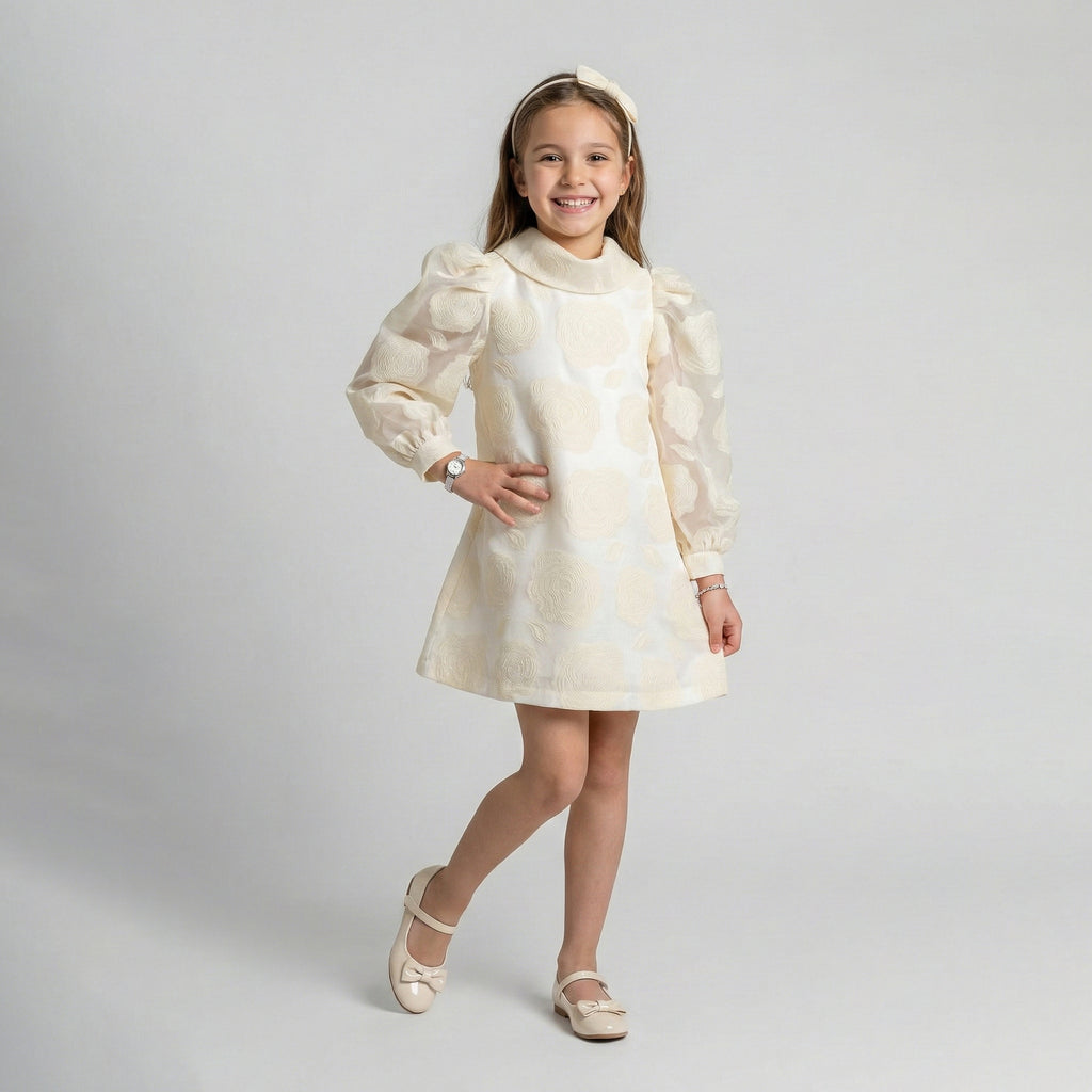 Girls' Sophisticated Rose Jacquard Dress with Lantern Sleeves