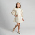 Girls' Sophisticated Rose Jacquard Dress with Lantern Sleeves