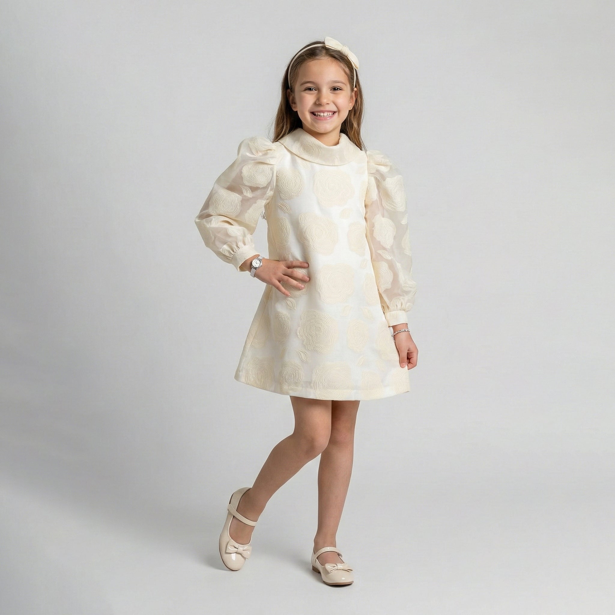 Girls' Sophisticated Rose Jacquard Dress with Lantern Sleeves