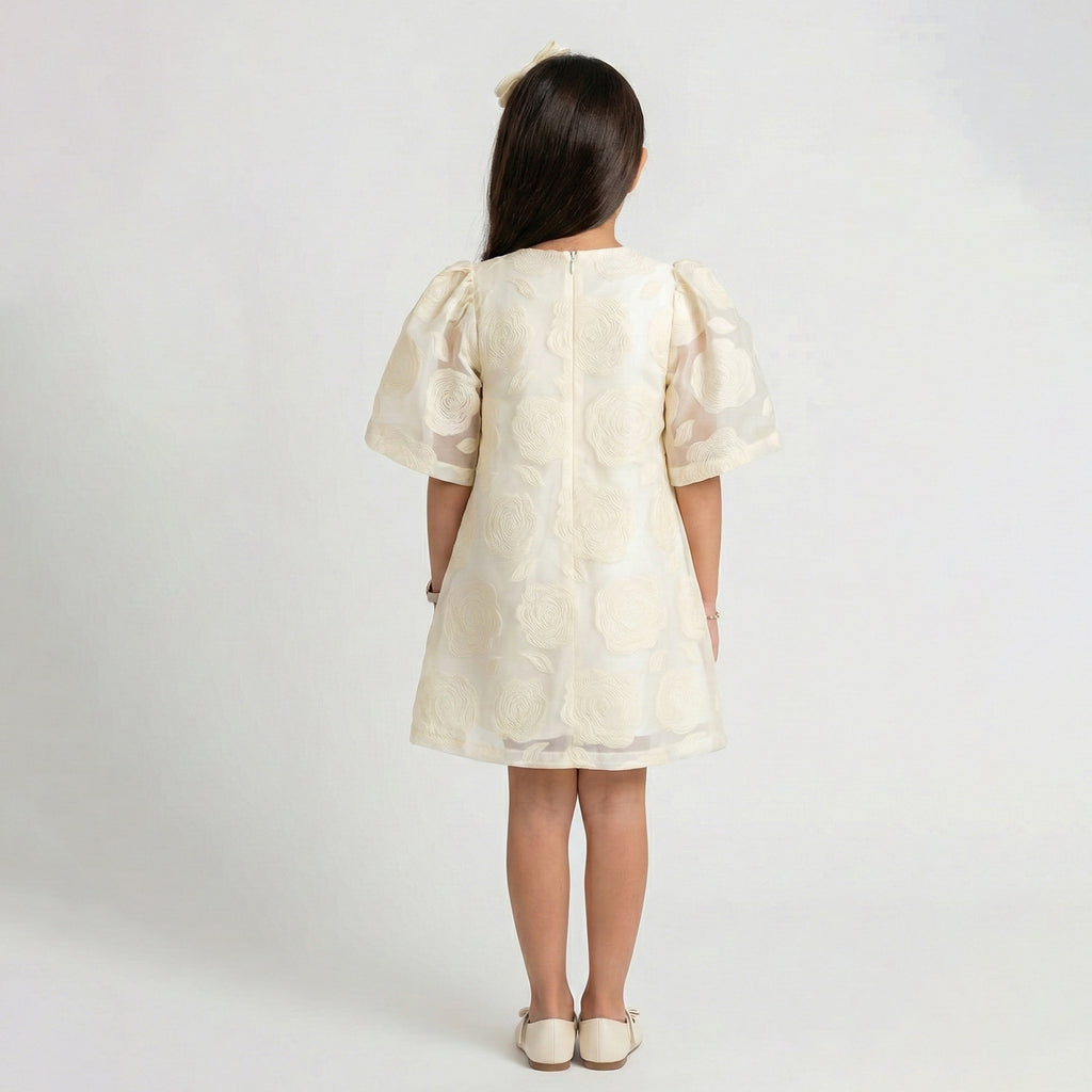 Girls’ Elegant 3D Floral Cape Dress Set with Statement Bow
