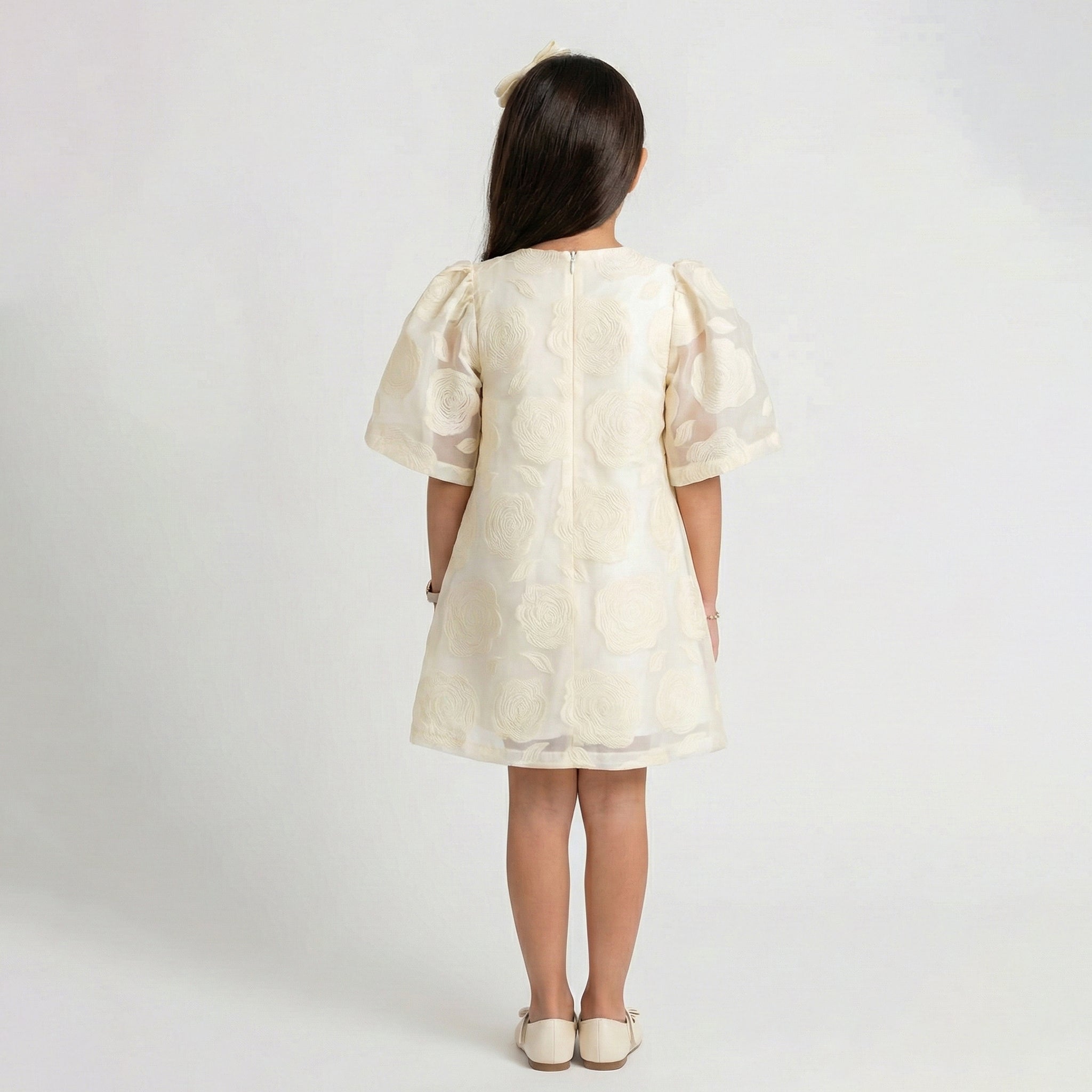 Girls’ Elegant 3D Floral Cape Dress Set with Statement Bow